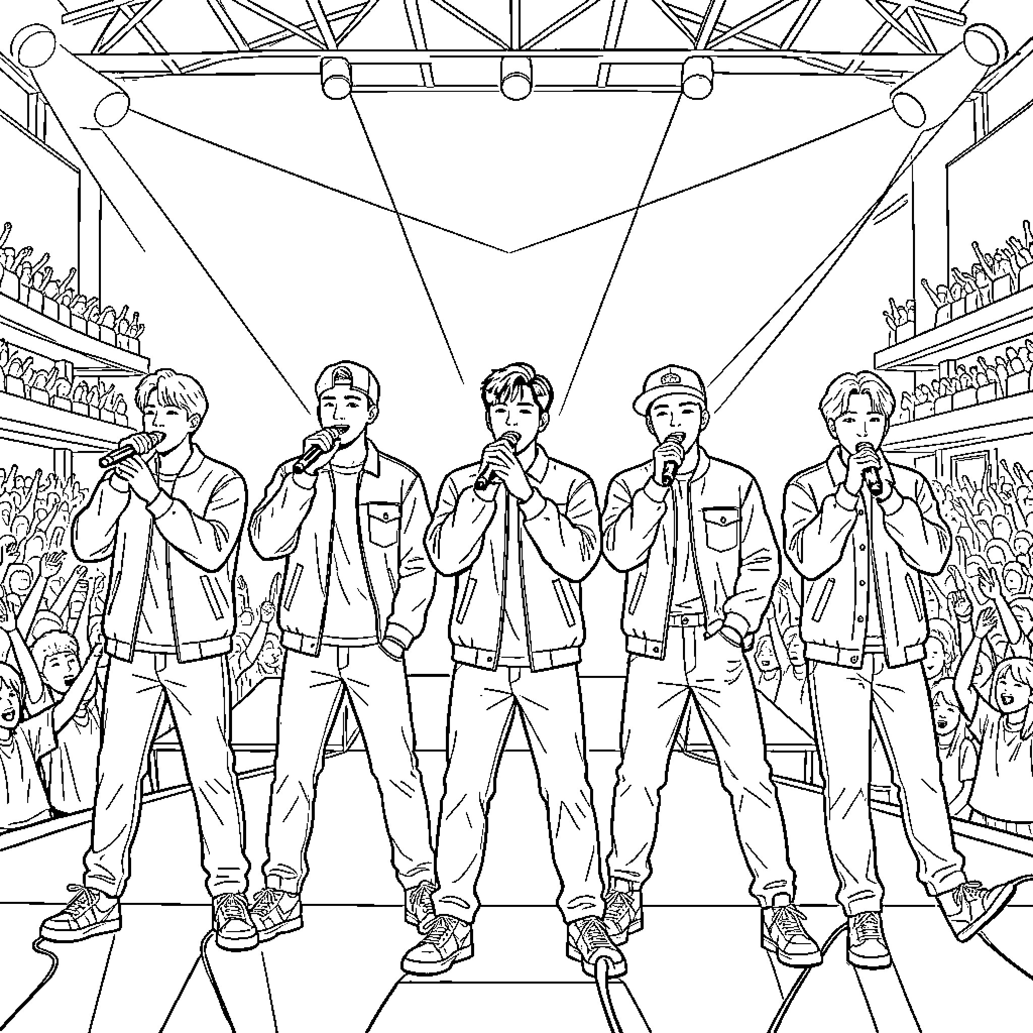 BTS members performing on stage with microphones Coloring Page (free black-and-white line drawing printable PDF for all, from beginners to advanced learners, including children, teens, adults, and seniors)
