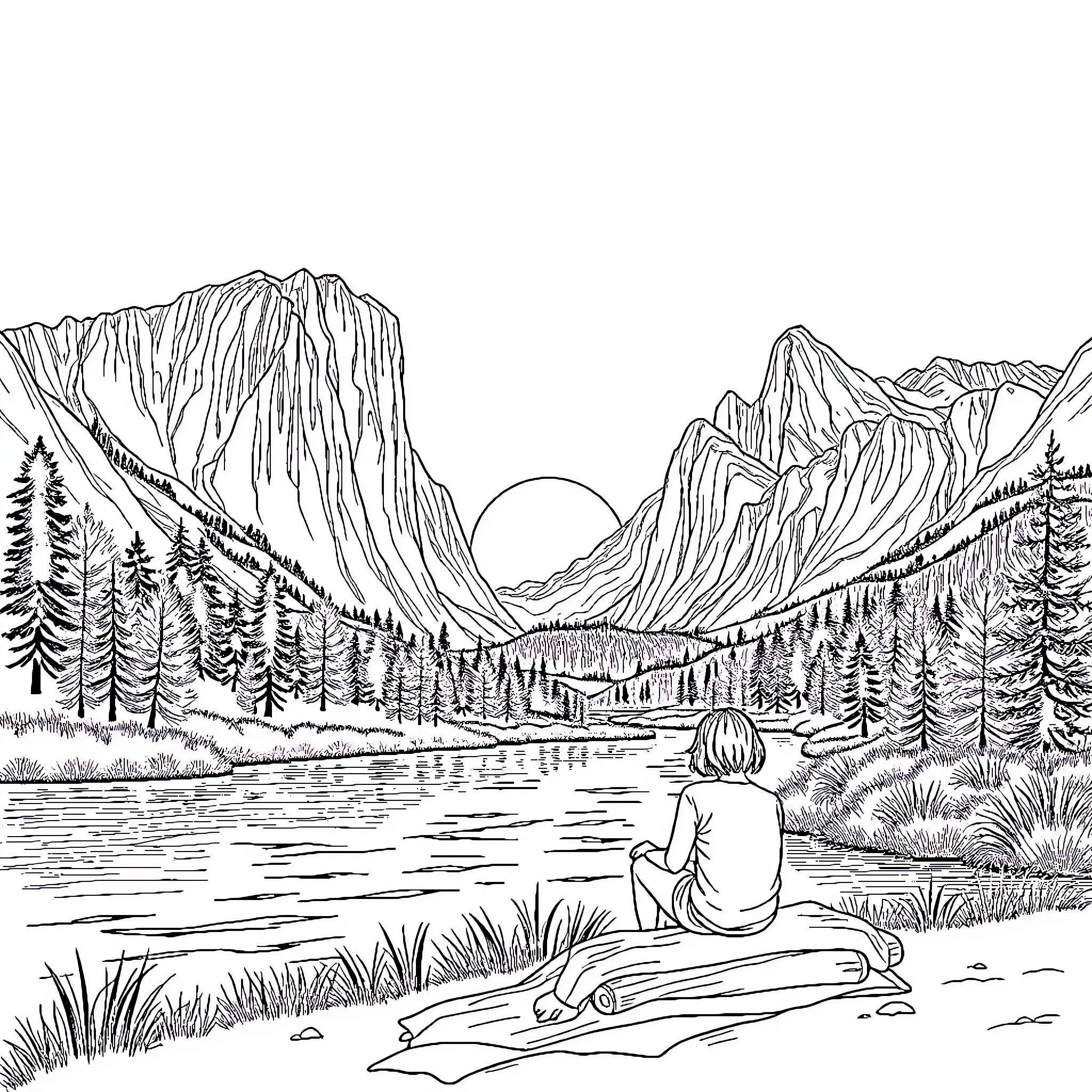 River View of Scenic Mountain Landscape Coloring Page (free black-and-white line drawing printable PDF for all, from beginners to advanced learners, including children, teens, adults, and seniors)