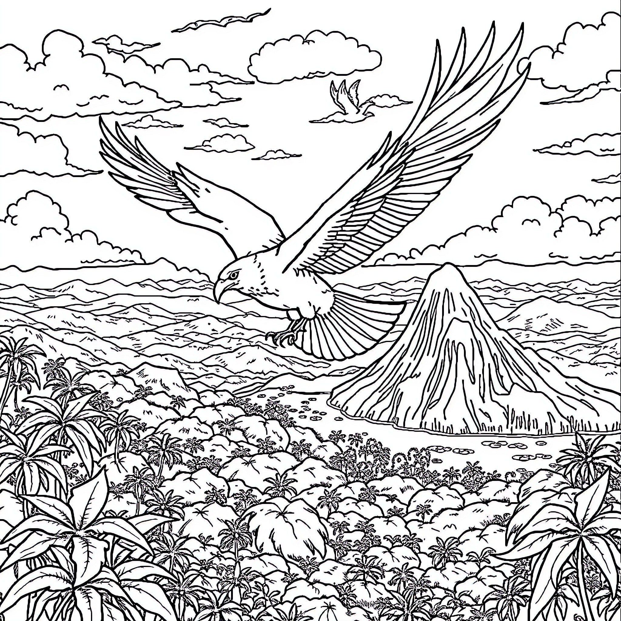 Garuda soaring over a tropical landscape Coloring Page (free black-and-white line drawing printable PDF for all, from beginners to advanced learners, including children, teens, adults, and seniors)