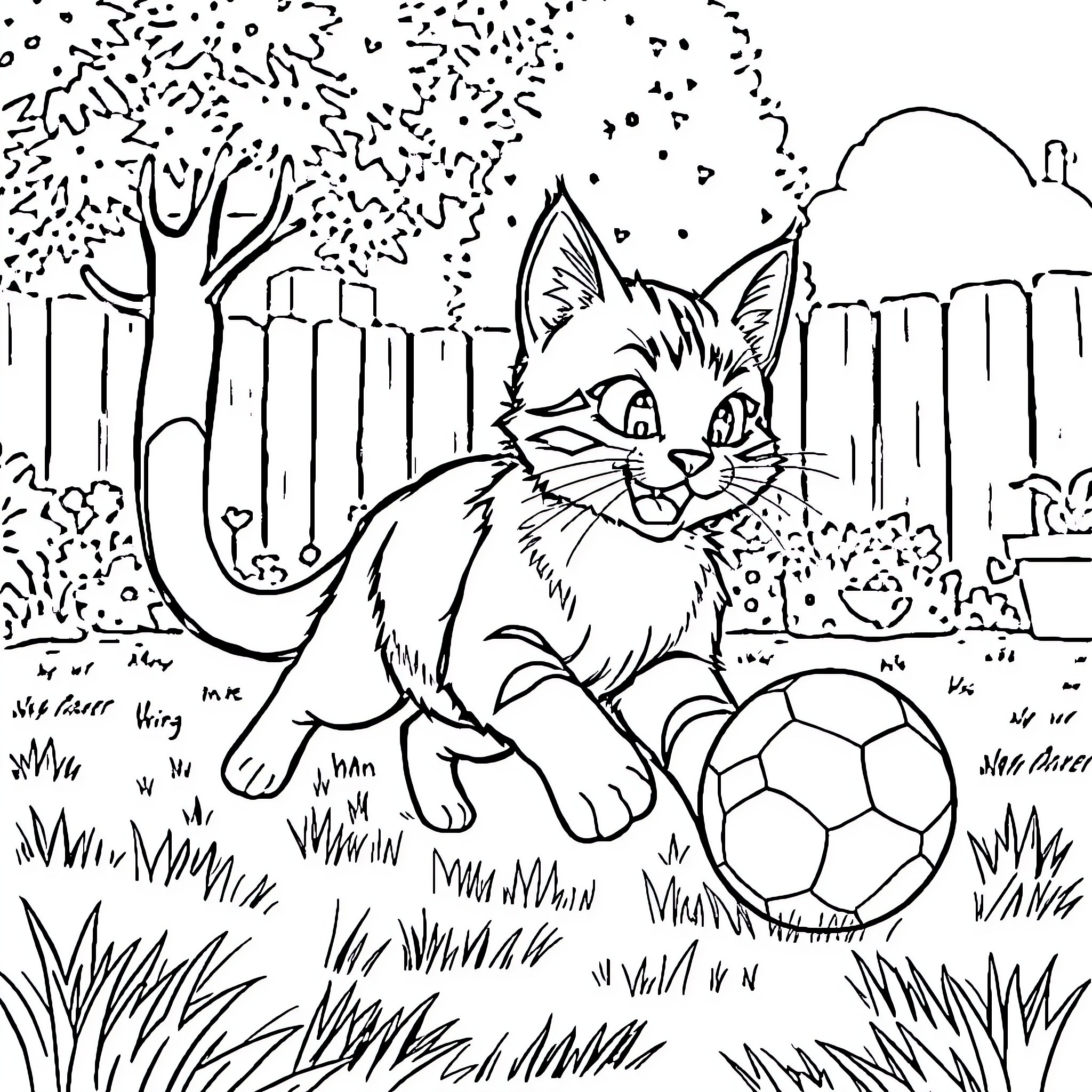 Cat playing with a soccer ball in the backyard Coloring Page (free black-and-white line drawing printable PDF for all, from beginners to advanced learners, including children, teens, adults, and seniors)