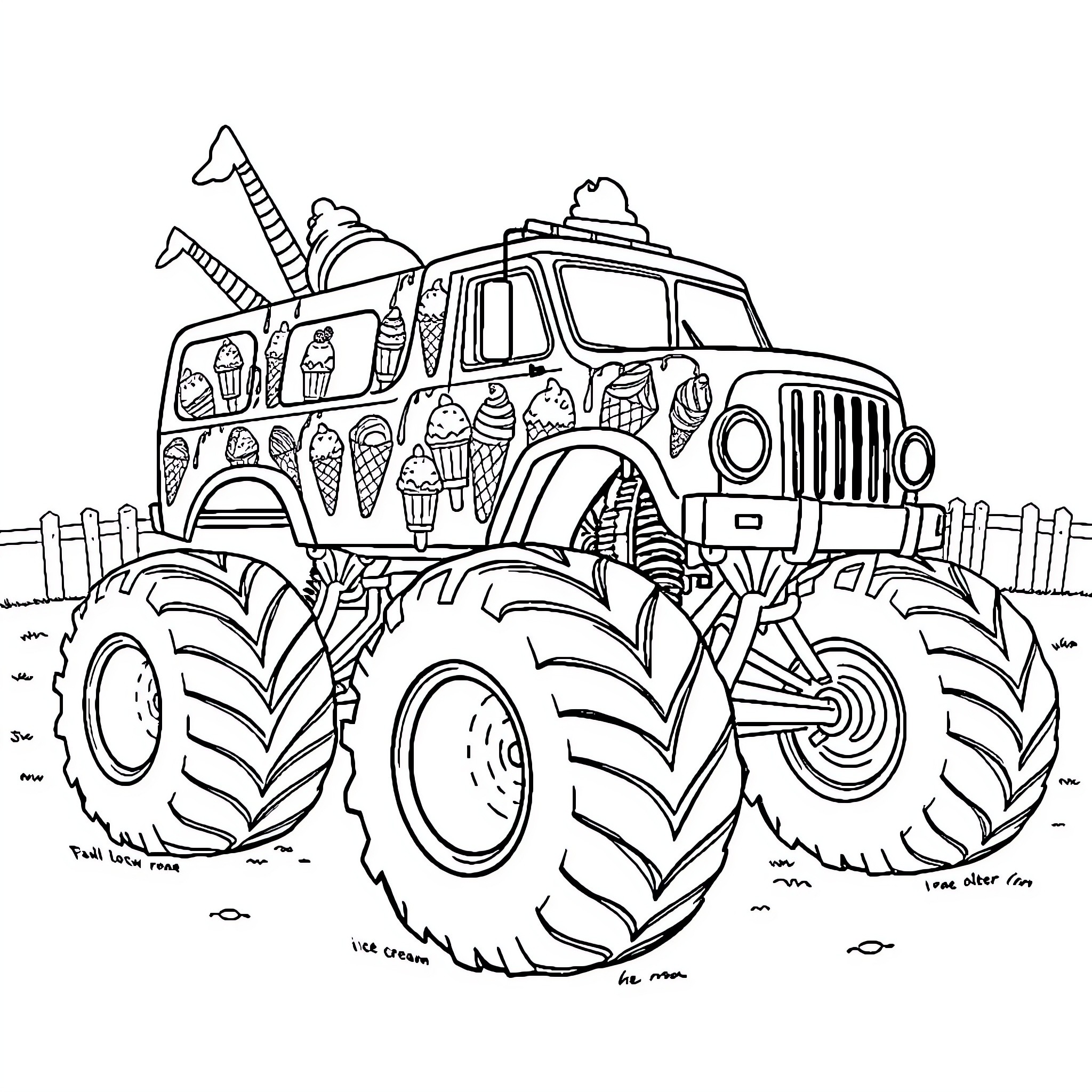 Ice Cream Monster Truck Transporting Treats Across Countryside Coloring Page (free black-and-white line drawing printable PDF for all, from beginners to advanced learners, including children, teens, adults, and seniors)