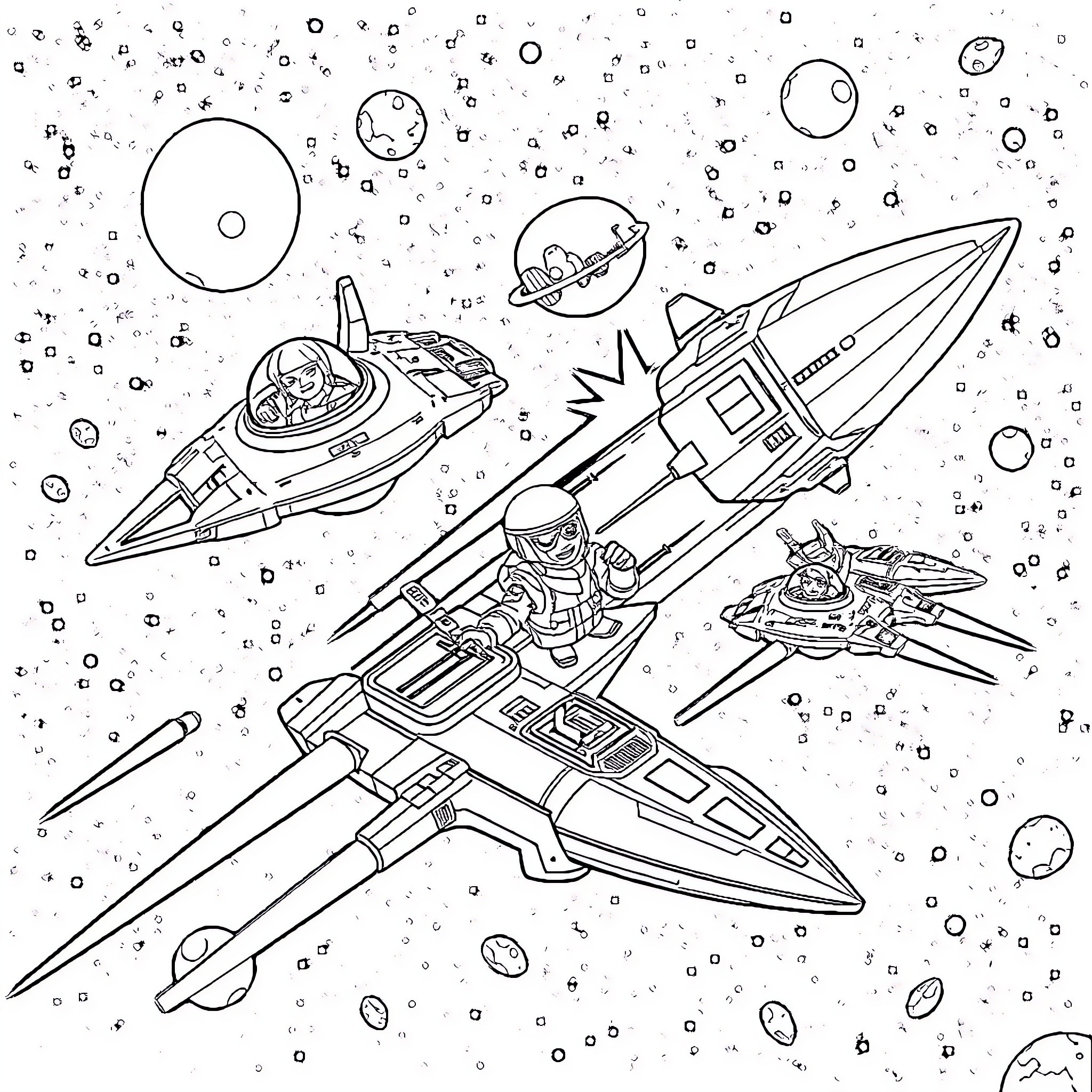 Star Trek Spaceships and Astronauts Exploring the Cosmos Coloring Page (free black-and-white line drawing printable PDF for all, from beginners to advanced learners, including children, teens, adults, and seniors)