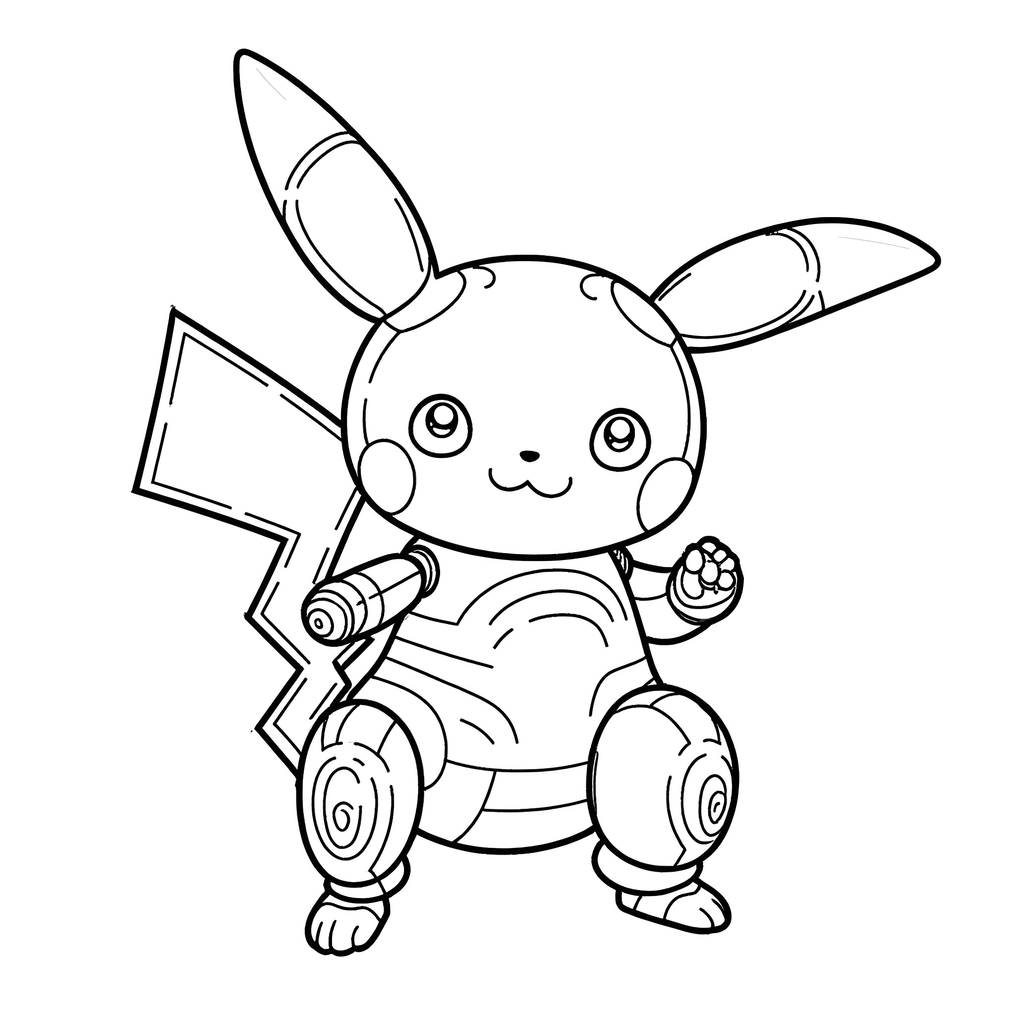 Robot Pikachu holding a screwdriver Coloring Page (free black-and-white line drawing printable PDF for all, from beginners to advanced learners, including children, teens, adults, and seniors)