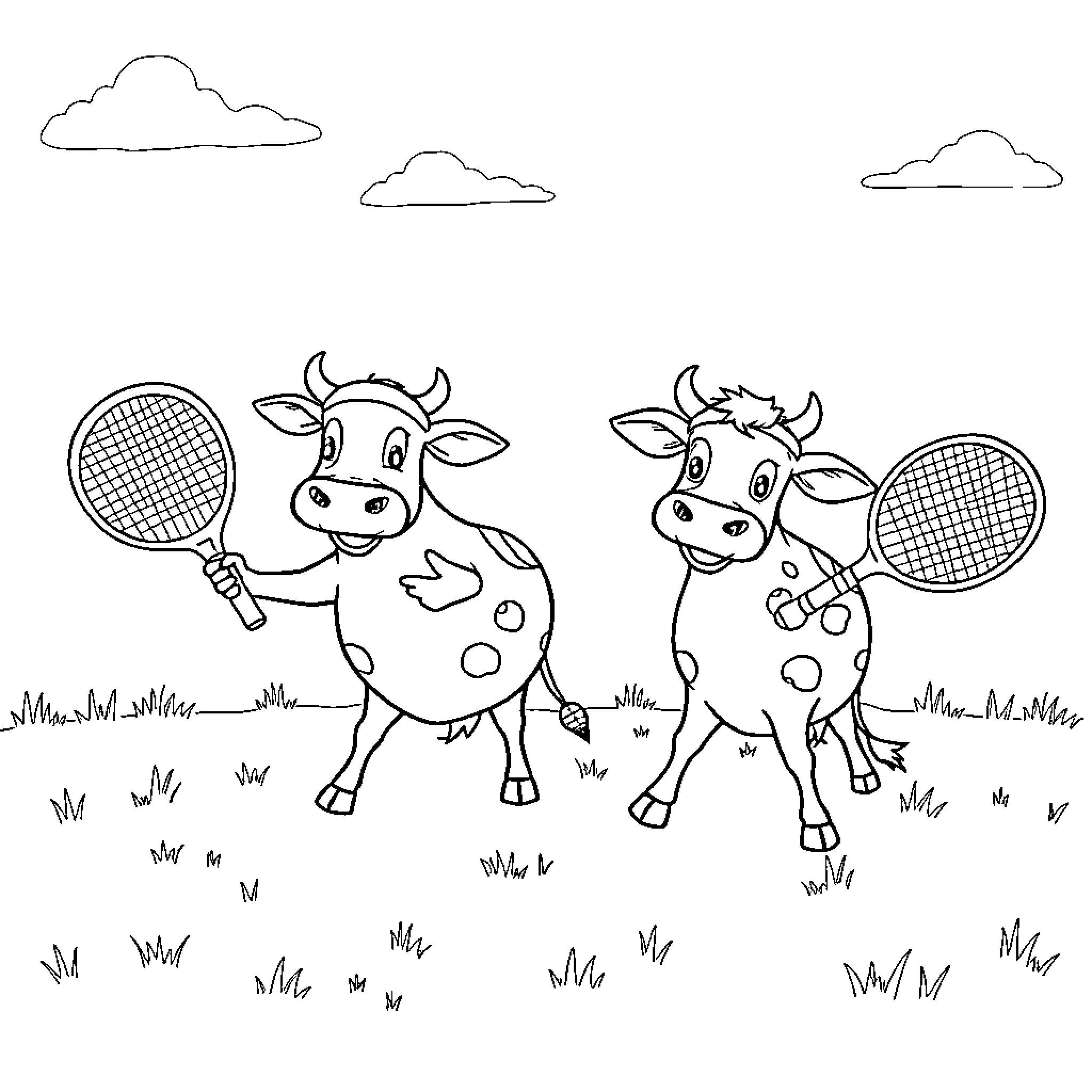 Cows playing tennis on the field Coloring Page (free black-and-white line drawing printable PDF for all, from beginners to advanced learners, including children, teens, adults, and seniors)
