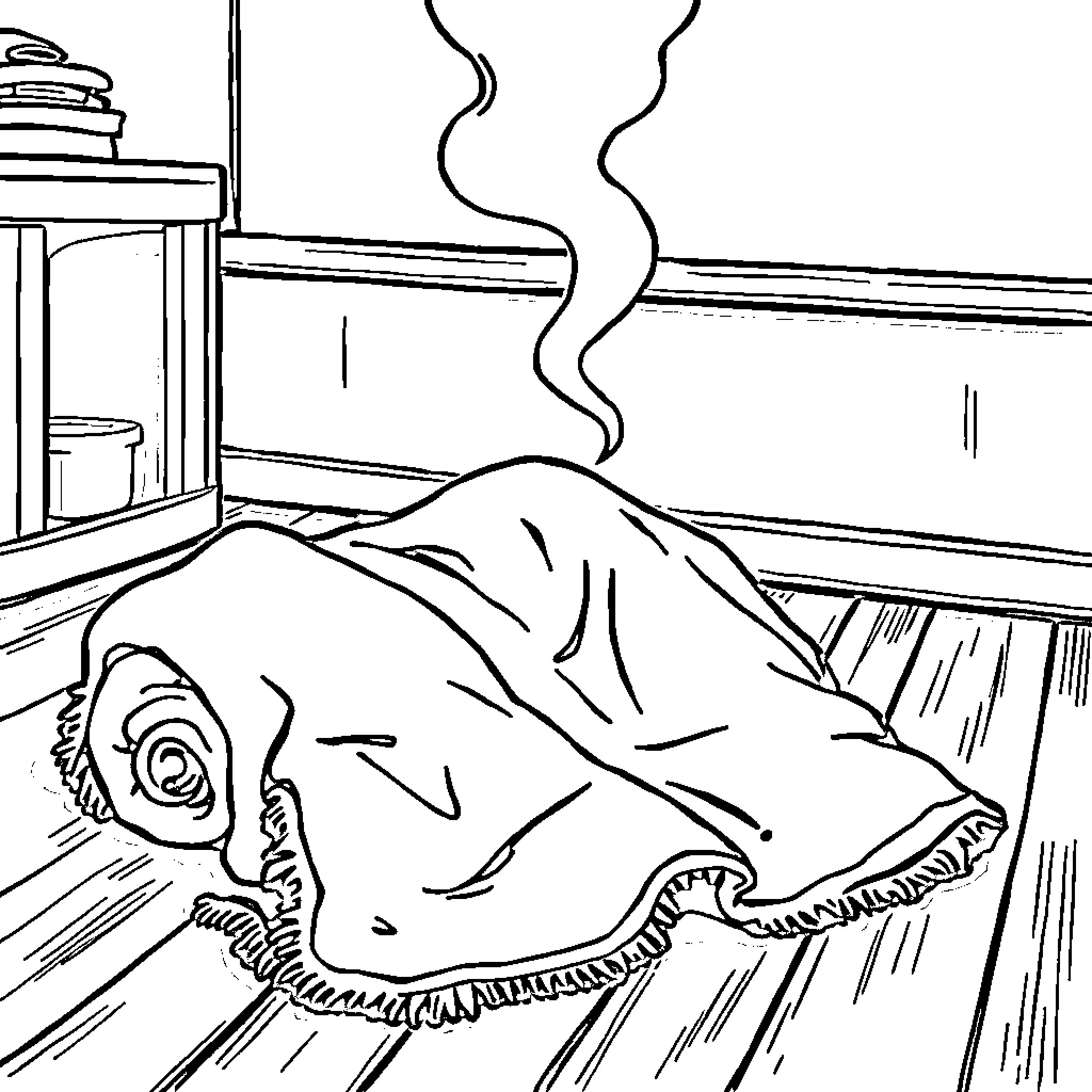 Blanket covering a sleeping figure in a cozy bedroom Coloring Page (free black-and-white line drawing printable PDF for all, from beginners to advanced learners, including children, teens, adults, and seniors)