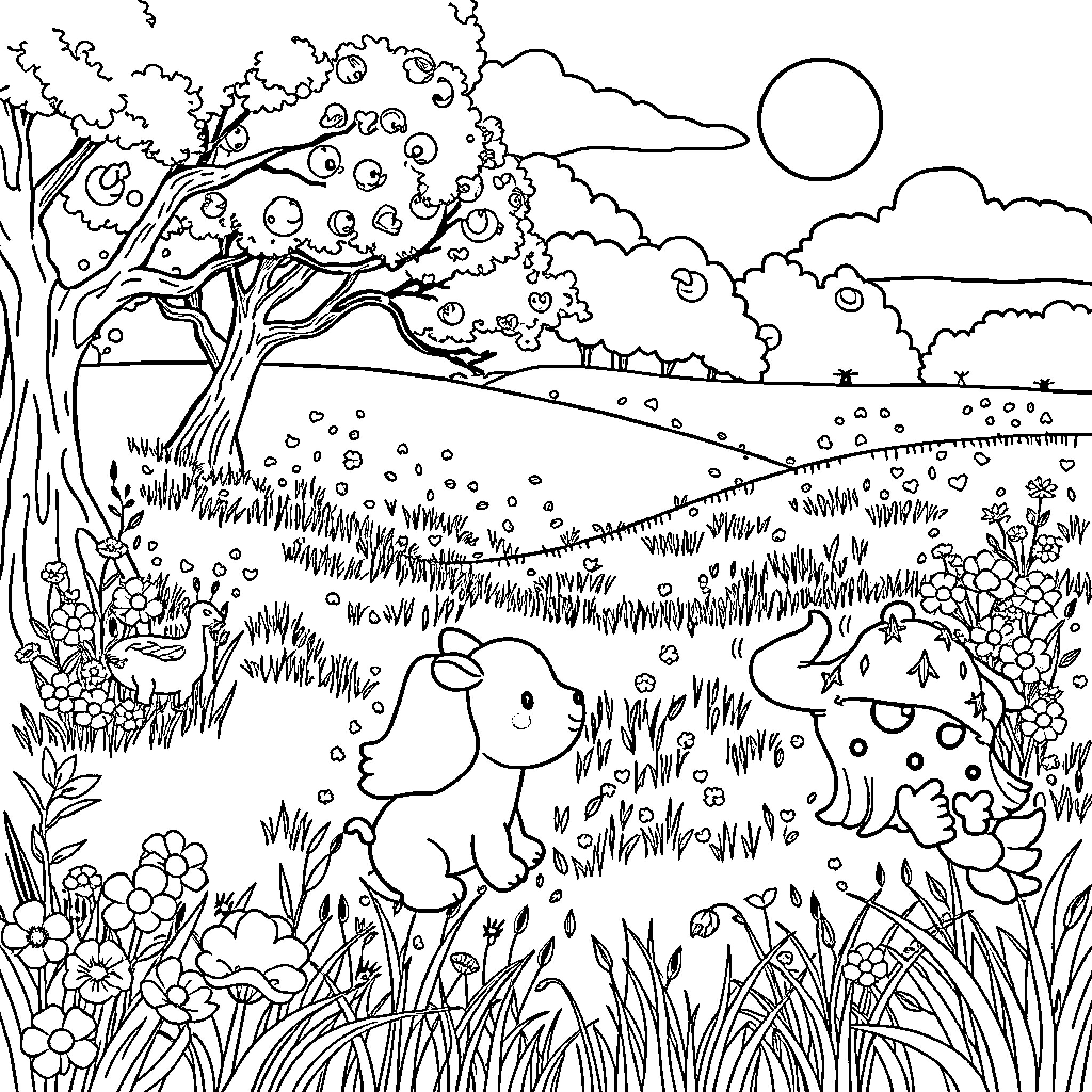 Baby Animals Playing in Nature's Tranquil Landscape Coloring Page (free black-and-white line drawing printable PDF for all, from beginners to advanced learners, including children, teens, adults, and seniors)
