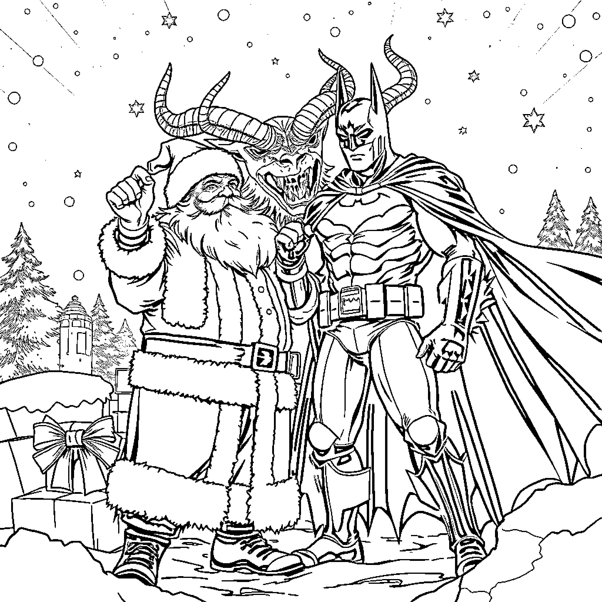 Christmas Superhero and Villain Celebrate Together Coloring Page (free black-and-white line drawing printable PDF for all, from beginners to advanced learners, including children, teens, adults, and seniors)