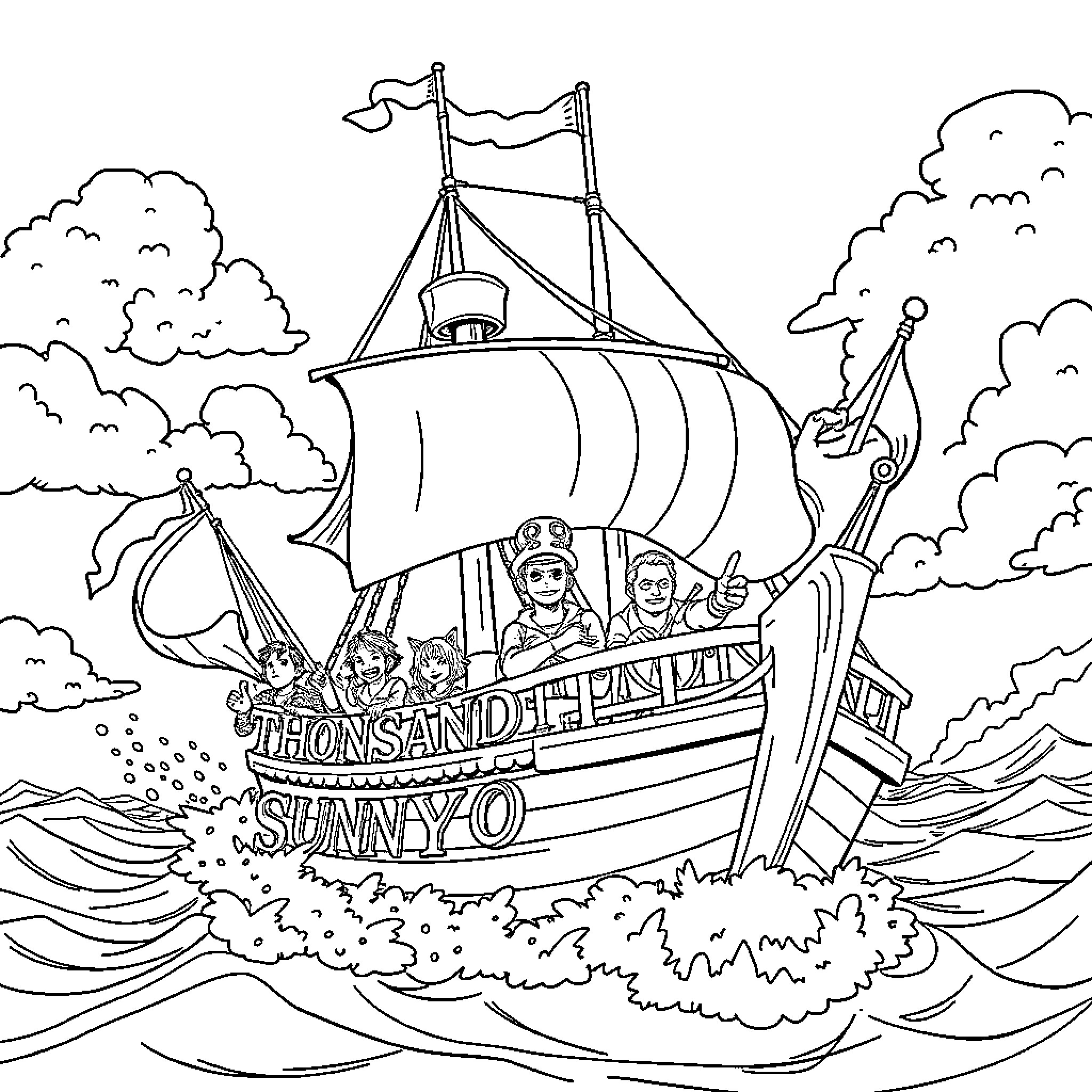 One Piece Pirate Ship Sailing on High Seas Coloring Page (free black-and-white line drawing printable PDF for all, from beginners to advanced learners, including children, teens, adults, and seniors)