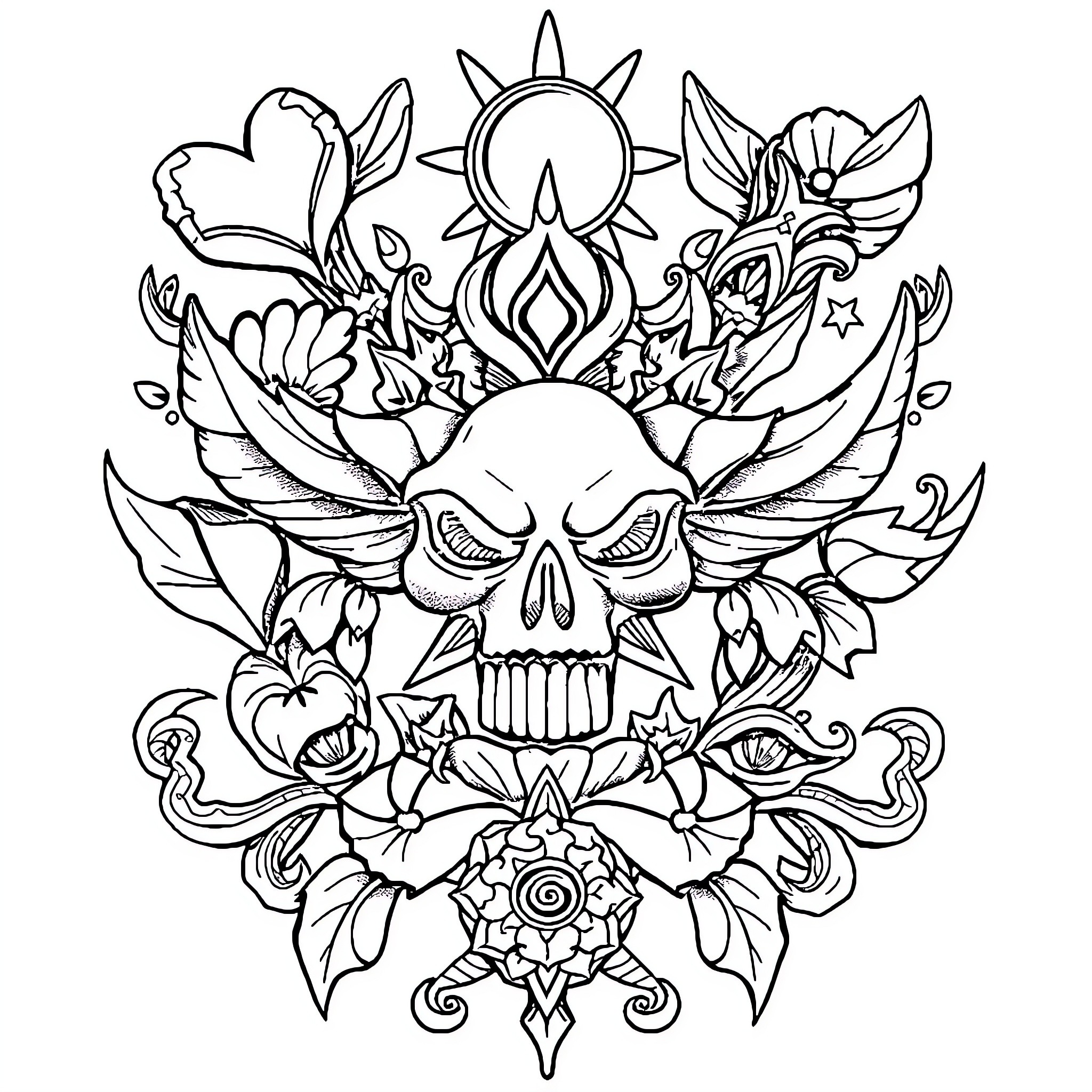 Tattoo design with skull and floral elements Coloring Page (free black-and-white line drawing printable PDF for all, from beginners to advanced learners, including children, teens, adults, and seniors)