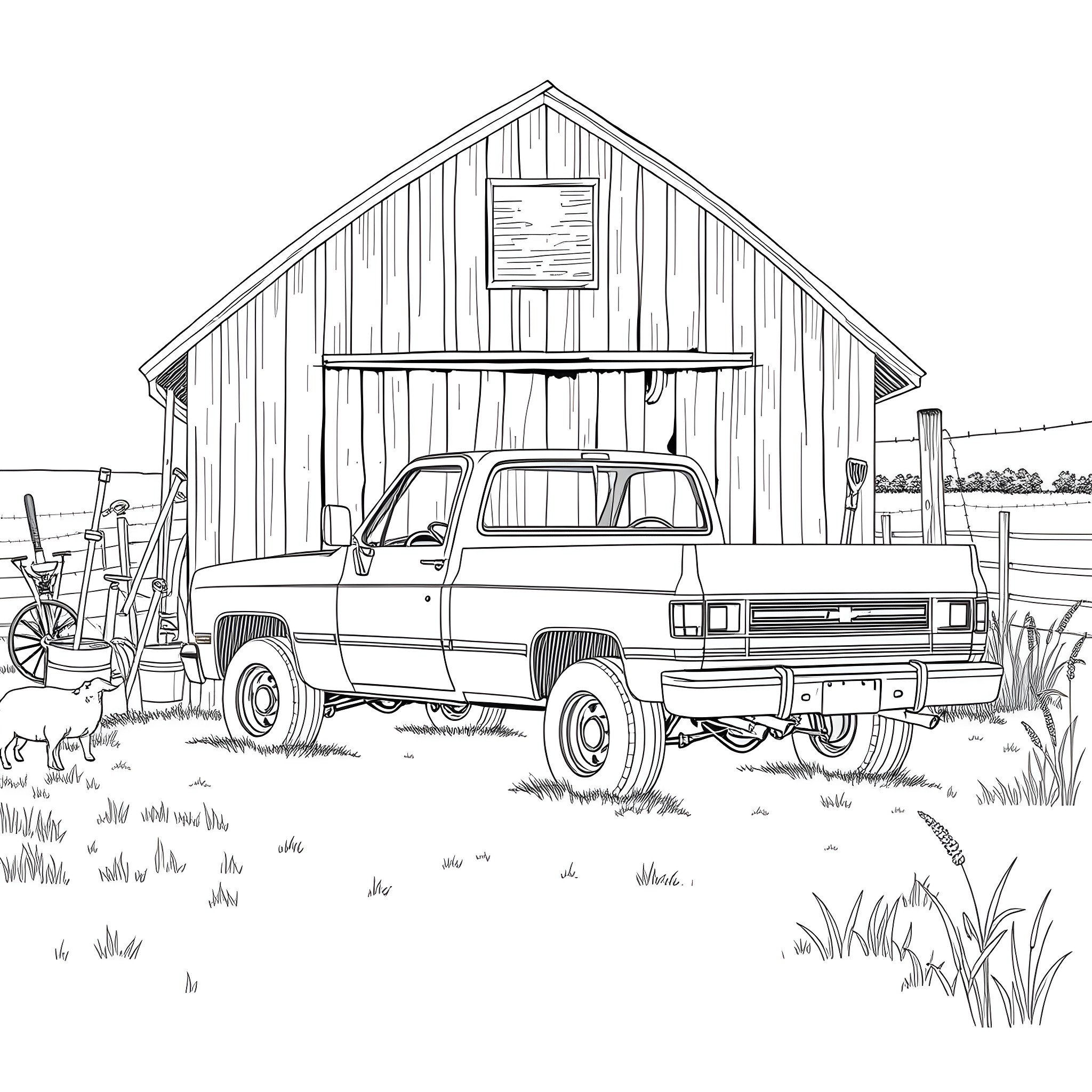 Chevy pickup truck parked in front of rustic barn Coloring Page (free black-and-white line drawing printable PDF for all, from beginners to advanced learners, including children, teens, adults, and seniors)