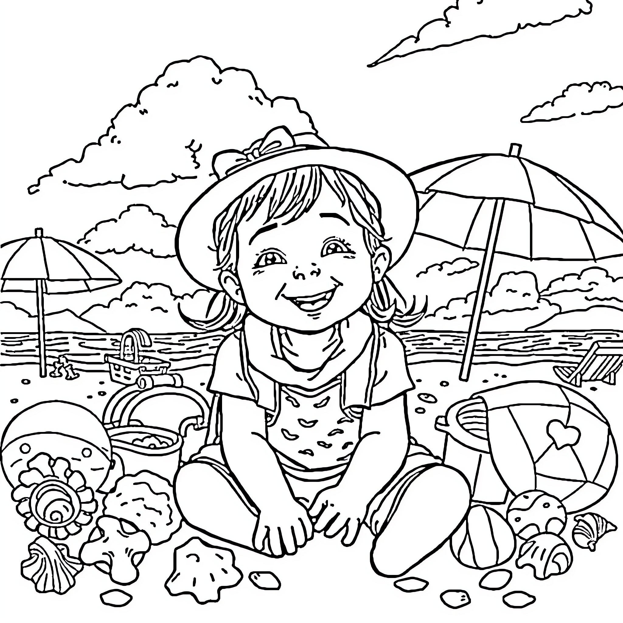 Girl enjoying a sunny day at the beach Coloring Page (free black-and-white line drawing printable PDF for all, from beginners to advanced learners, including children, teens, adults, and seniors)