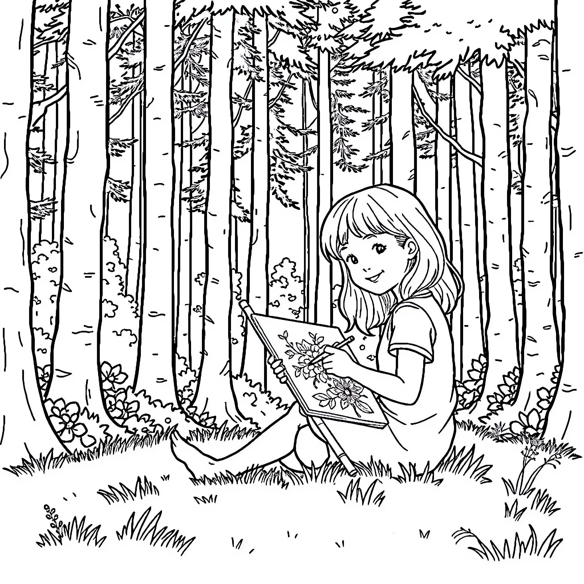 Girl Painting in the Enchanted Forest Coloring Page (free black-and-white line drawing printable PDF for all, from beginners to advanced learners, including children, teens, adults, and seniors)