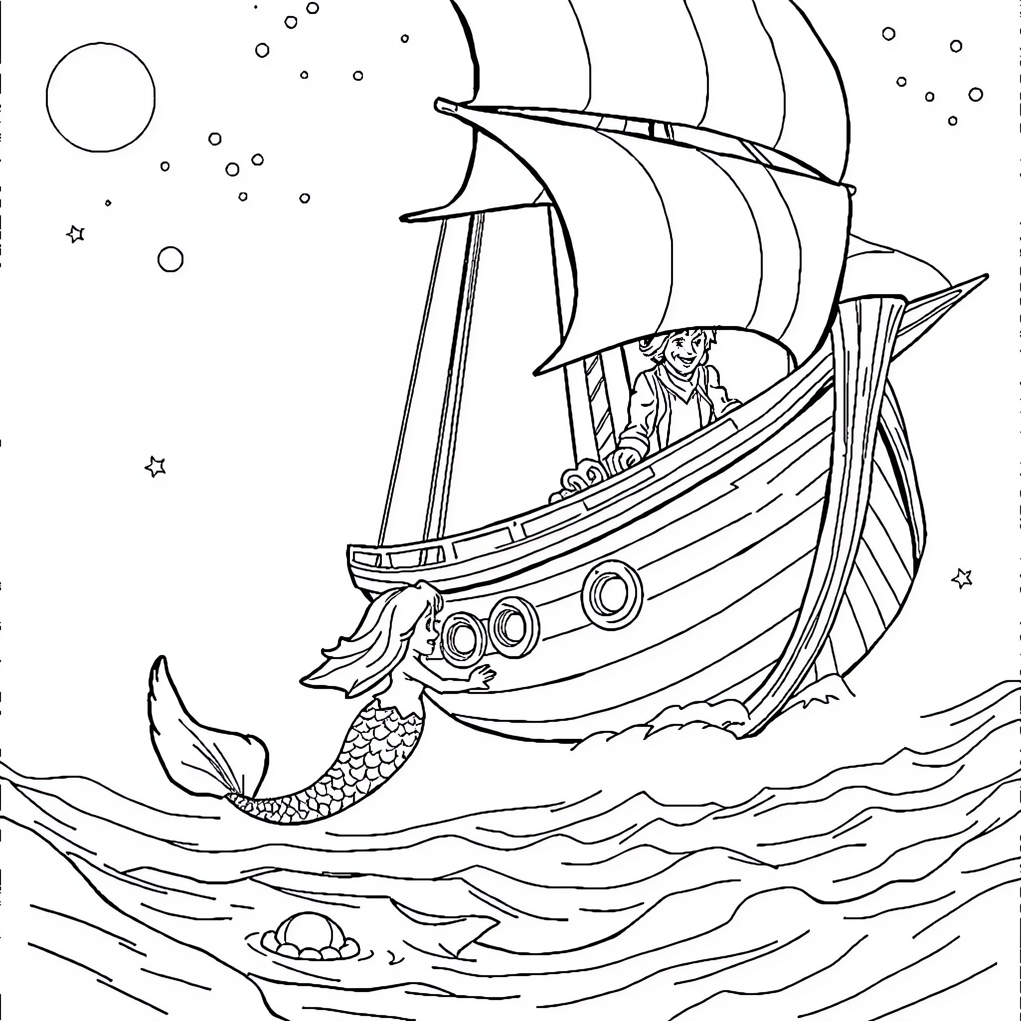 Peter Pan sailing on a ship with a mermaid in the ocean Coloring Page (free black-and-white line drawing printable PDF for all, from beginners to advanced learners, including children, teens, adults, and seniors)