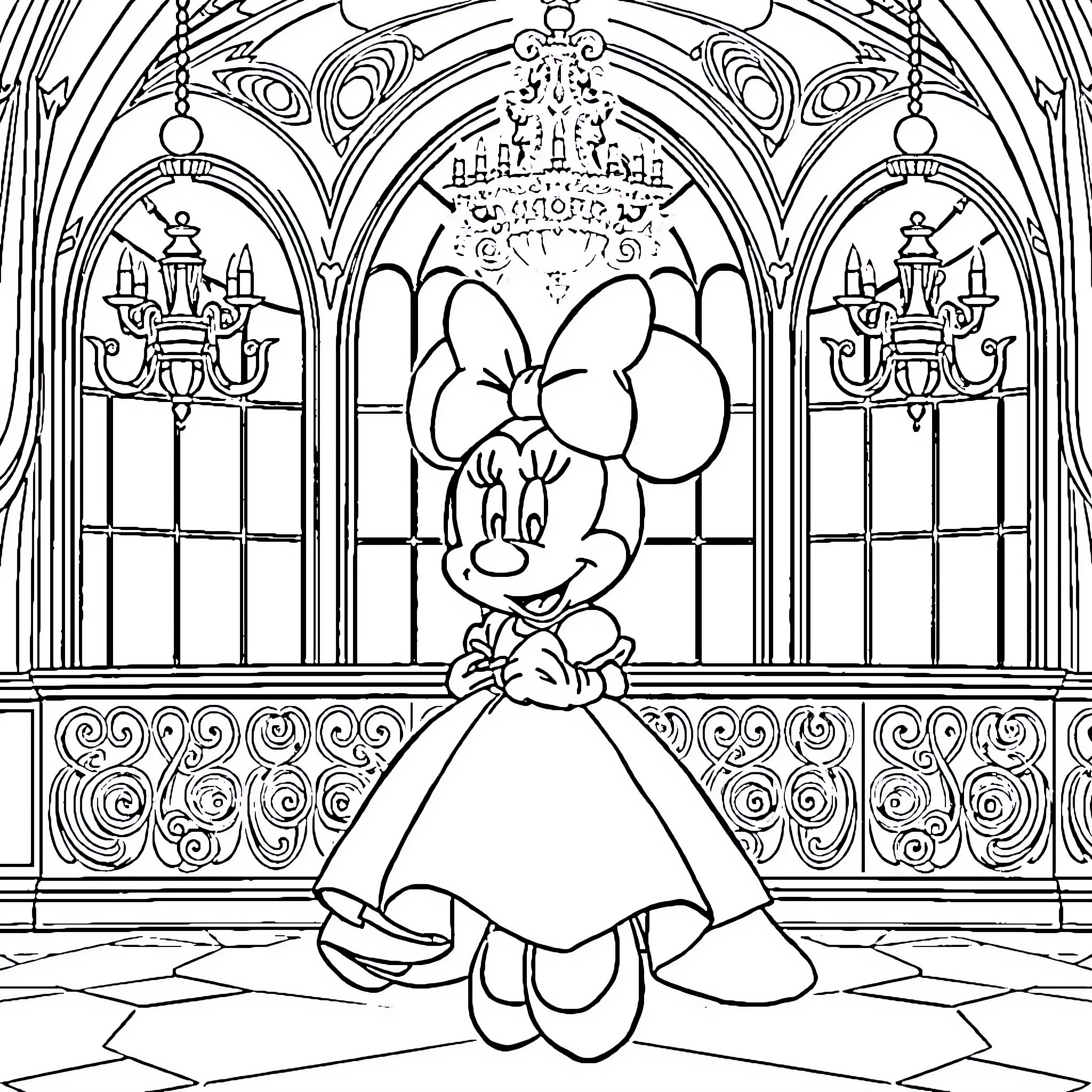 Minnie exploring a grand and ornate castle Coloring Page (free black-and-white line drawing printable PDF for all, from beginners to advanced learners, including children, teens, adults, and seniors)
