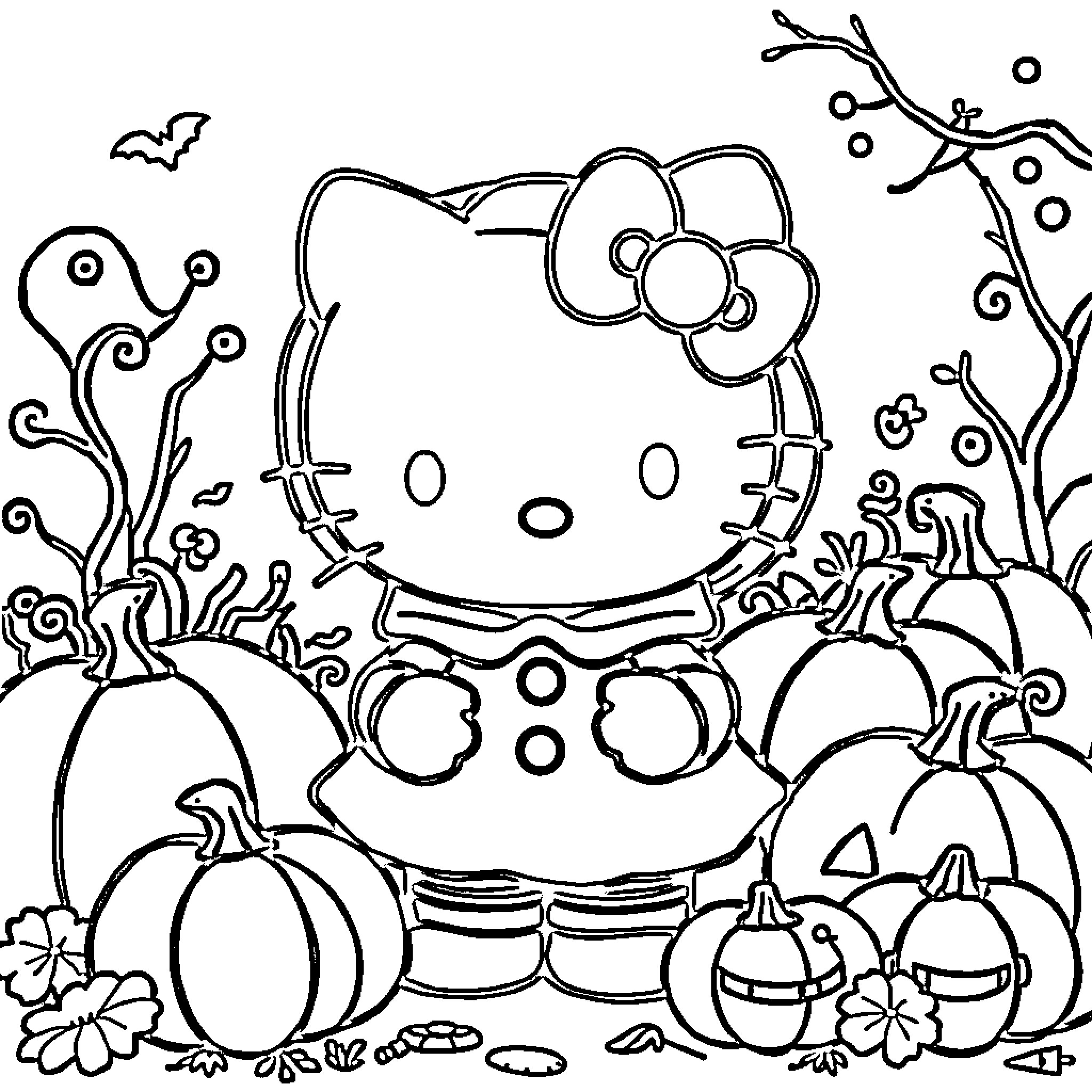 Hello Kitty playing in autumn landscape Coloring Page (free black-and-white line drawing printable PDF for all, from beginners to advanced learners, including children, teens, adults, and seniors)