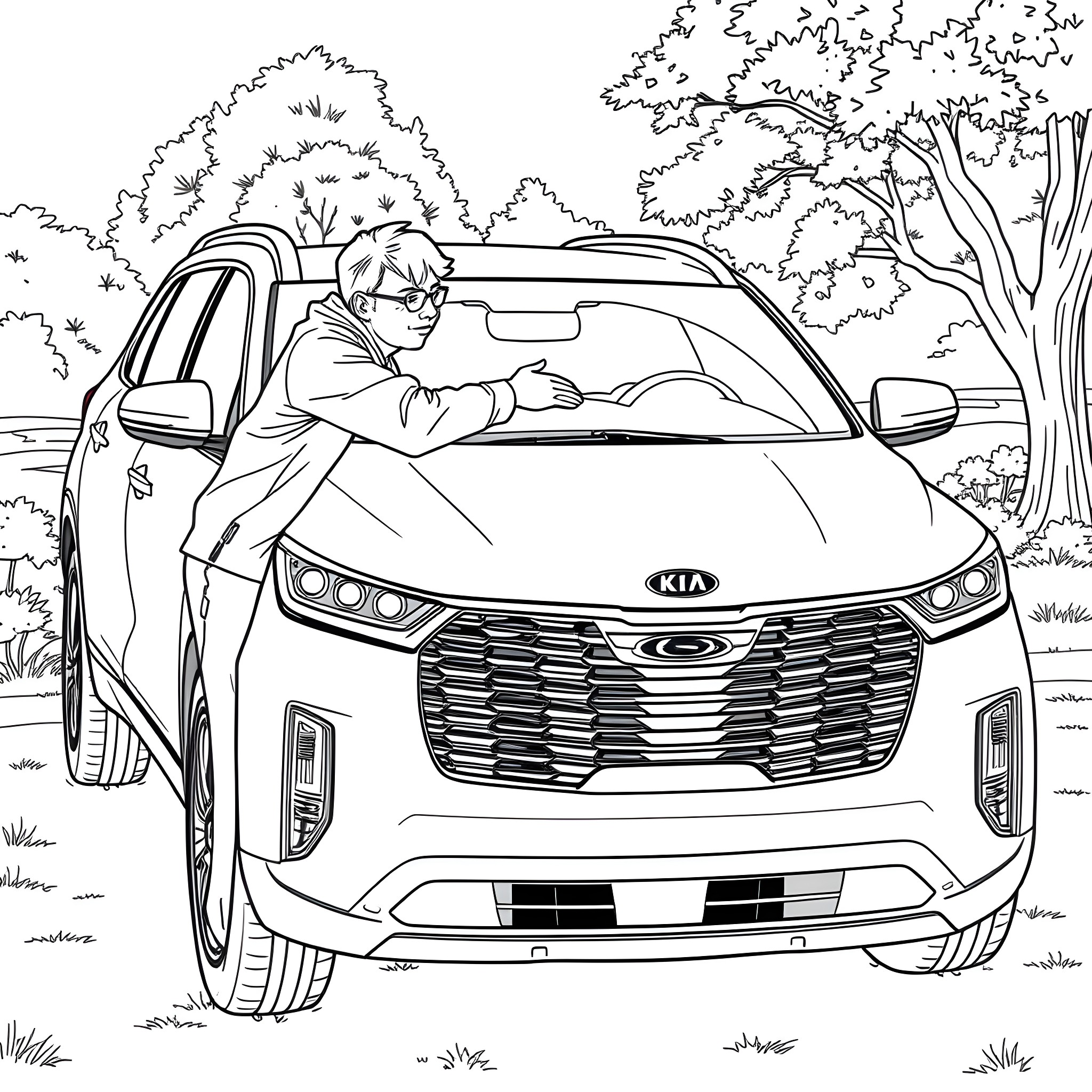 Kia Sorento in a scenic outdoor setting Coloring Page (free black-and-white line drawing printable PDF for all, from beginners to advanced learners, including children, teens, adults, and seniors)