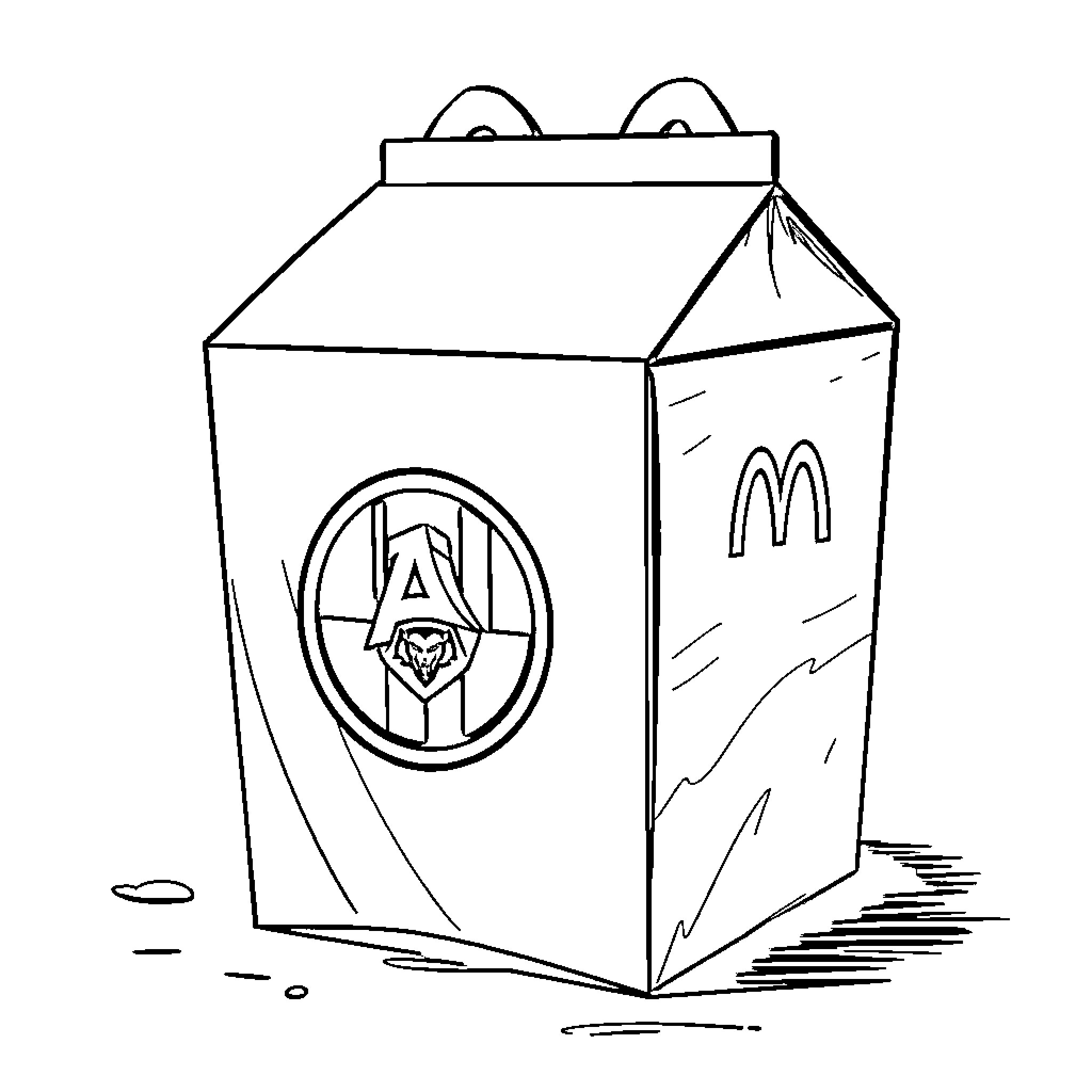 Happy Meal box with iconic arches logo Coloring Page (free black-and-white line drawing printable PDF for all, from beginners to advanced learners, including children, teens, adults, and seniors)