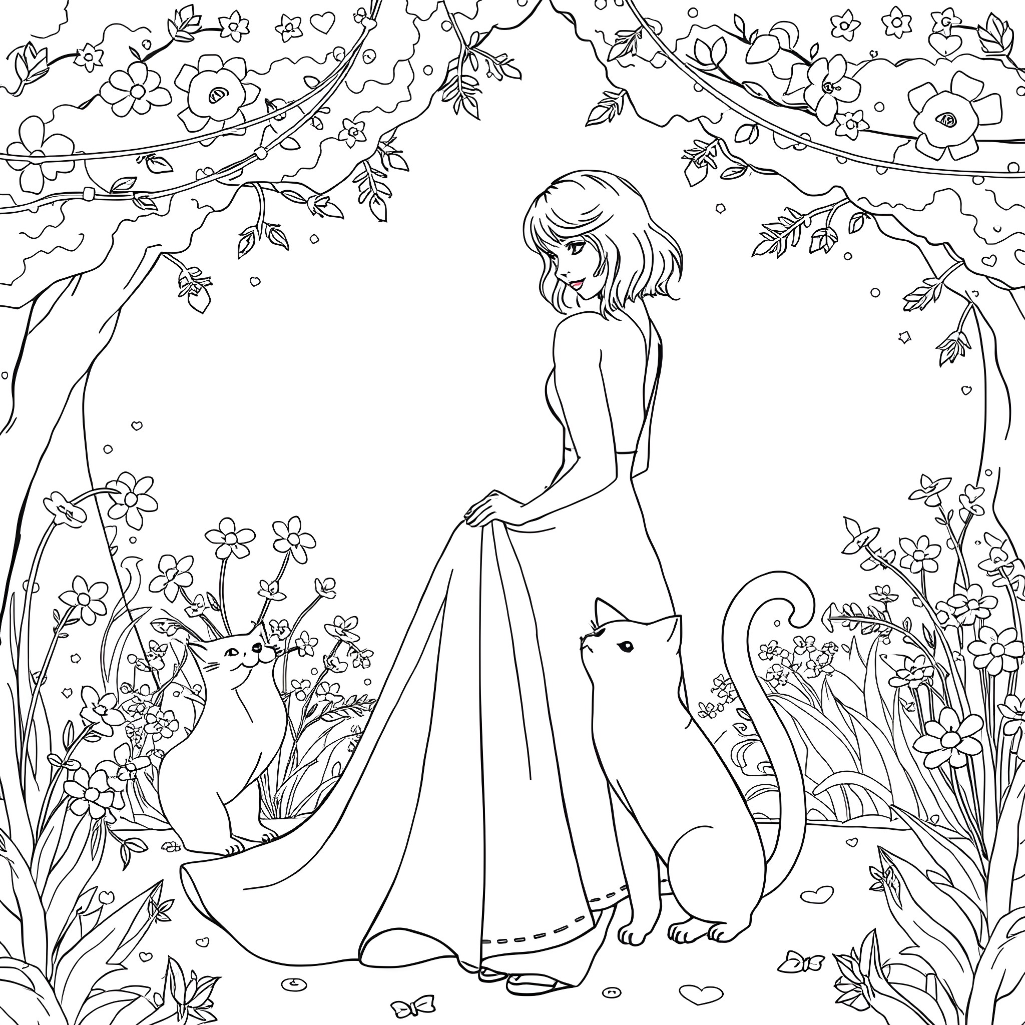 Taylor Swift in a whimsical floral garden with a feline companion Coloring Page (free black-and-white line drawing printable PDF for all, from beginners to advanced learners, including children, teens, adults, and seniors)