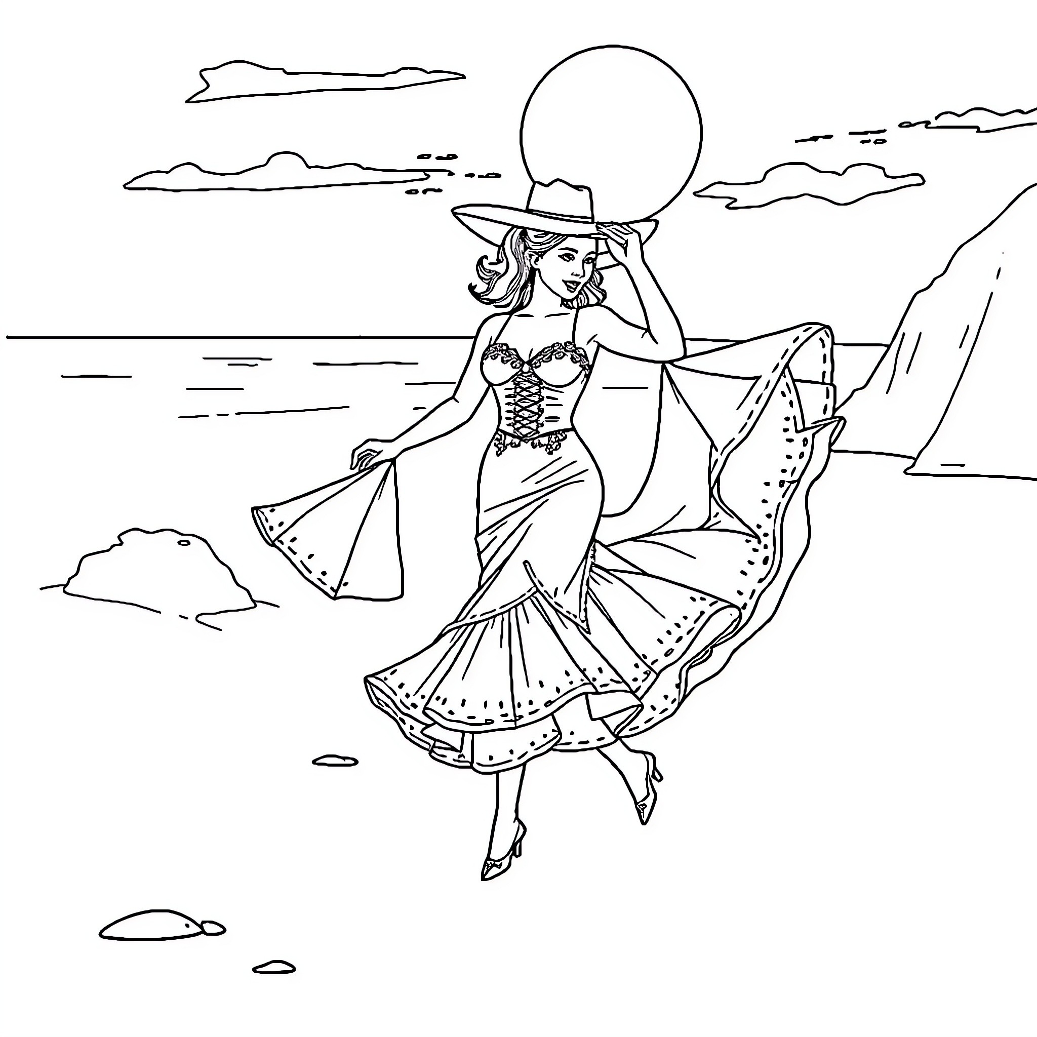 Flamingo woman dancing gracefully on the beach Coloring Page (free black-and-white line drawing printable PDF for all, from beginners to advanced learners, including children, teens, adults, and seniors)