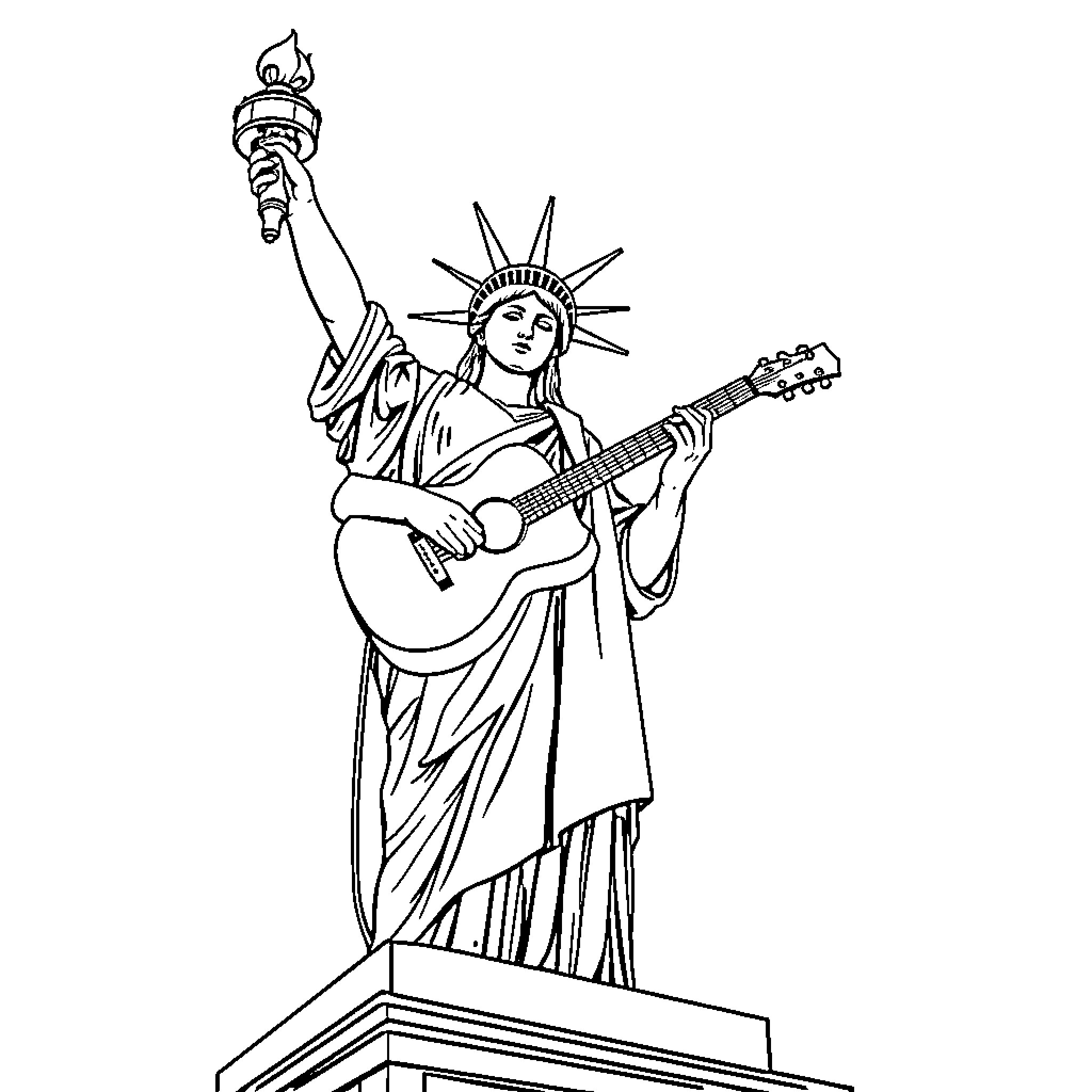 Guitar-playing Statue of Liberty Coloring Page (free black-and-white line drawing printable PDF for all, from beginners to advanced learners, including children, teens, adults, and seniors)