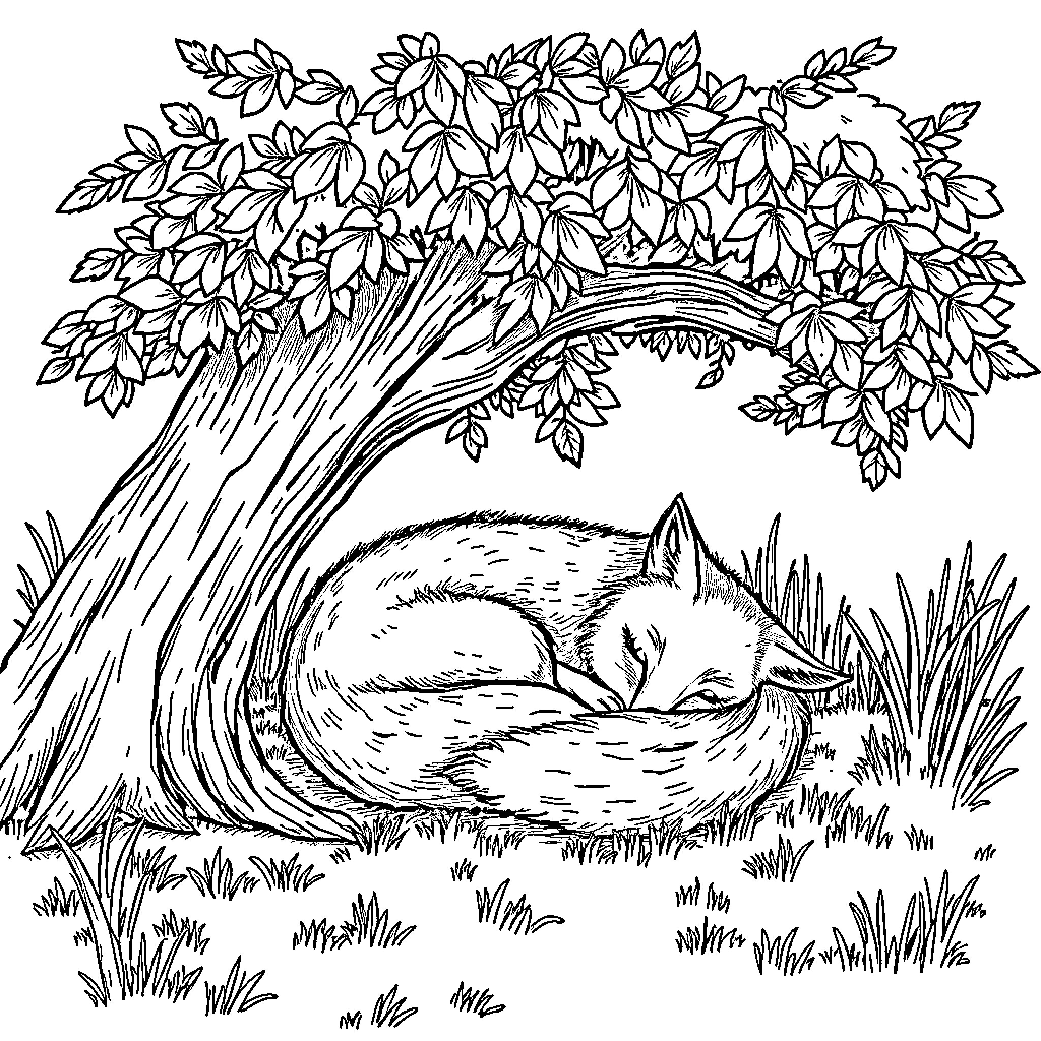 Fox napping peacefully under a lush tree Coloring Page (free black-and-white line drawing printable PDF for all, from beginners to advanced learners, including children, teens, adults, and seniors)