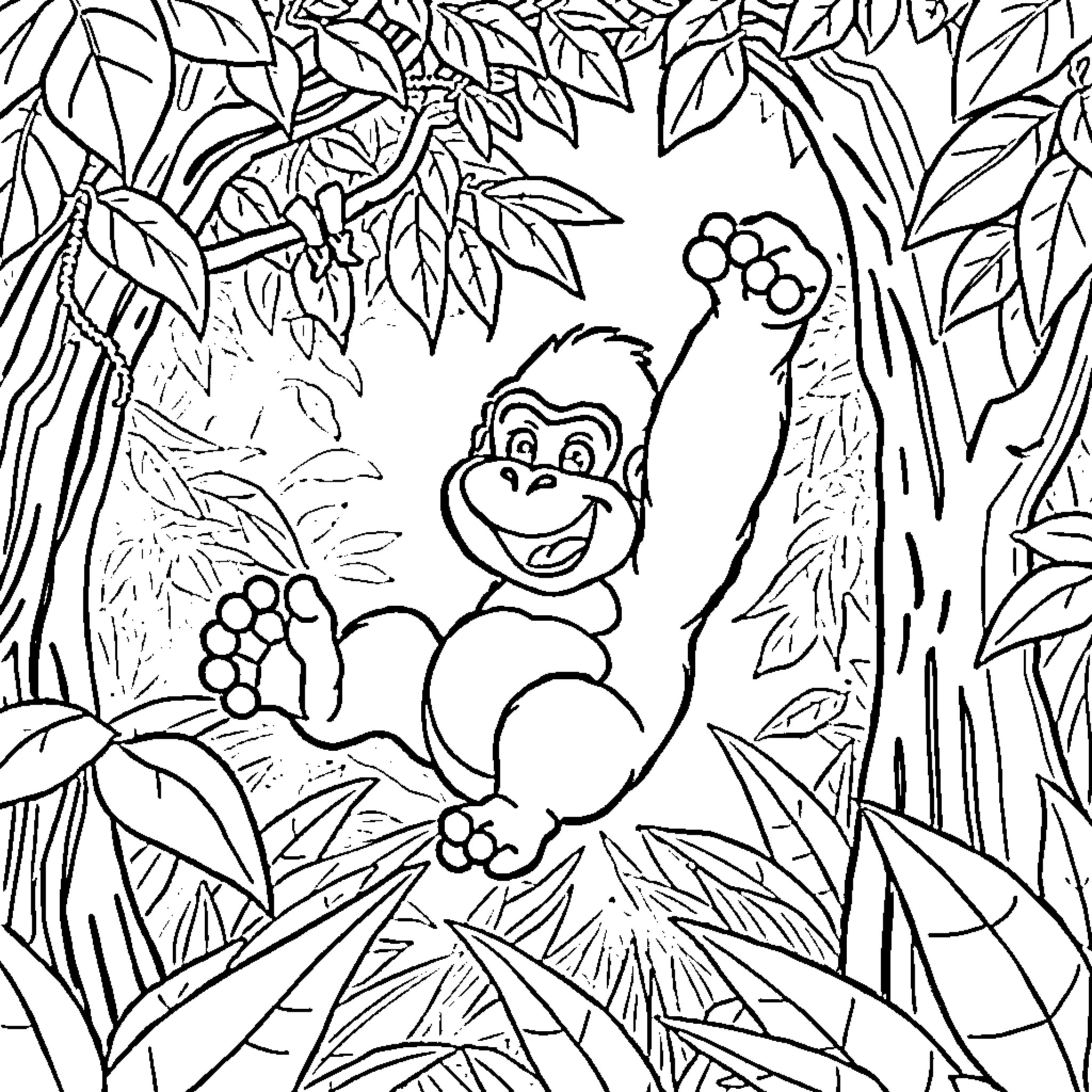 Gorilla playing joyfully in the jungle Coloring Page (free black-and-white line drawing printable PDF for all, from beginners to advanced learners, including children, teens, adults, and seniors)