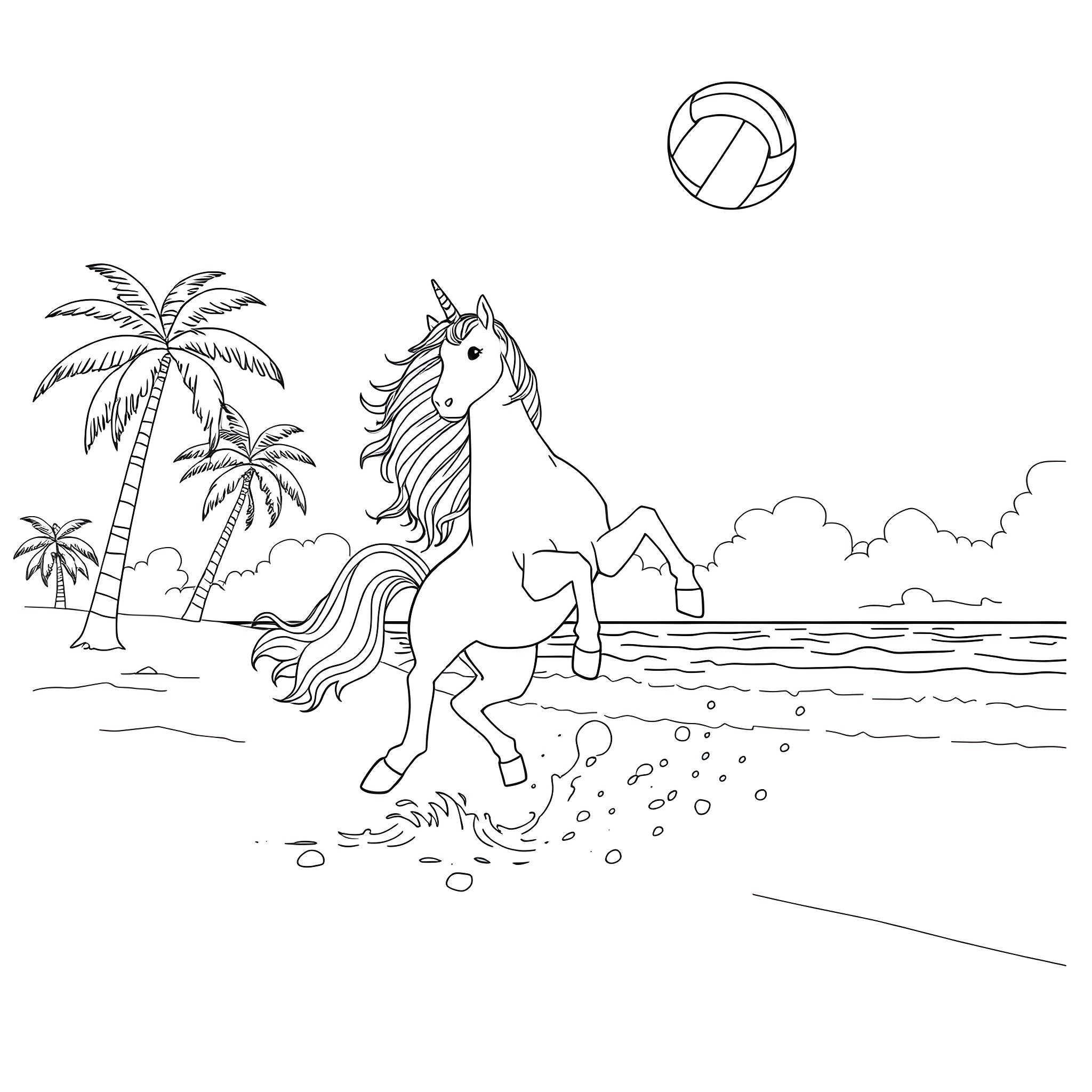 Unicorn frolicking by the beach Coloring Page (free black-and-white line drawing printable PDF for all, from beginners to advanced learners, including children, teens, adults, and seniors)