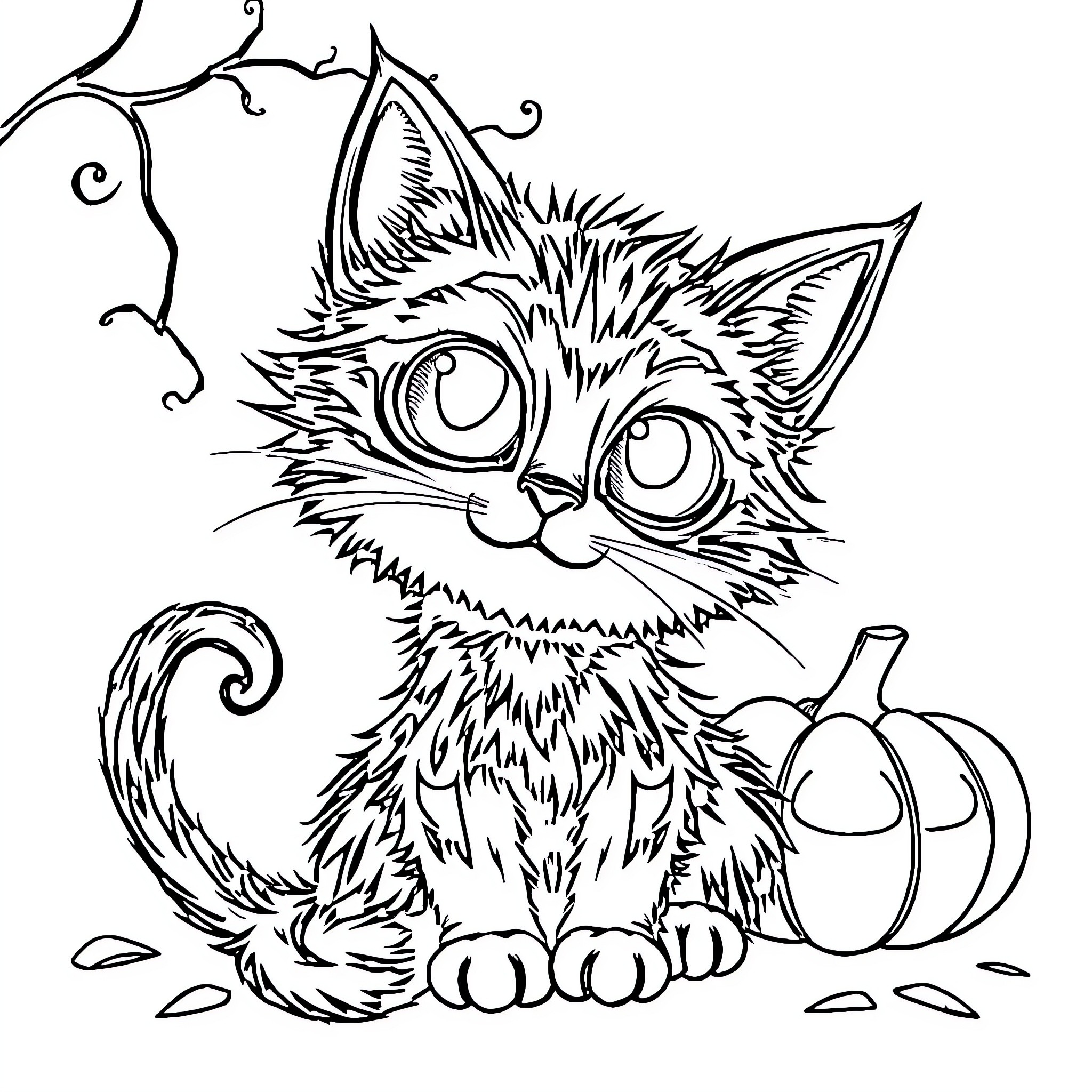 Cat with big eyes and furry body Coloring Page (free black-and-white line drawing printable PDF for all, from beginners to advanced learners, including children, teens, adults, and seniors)