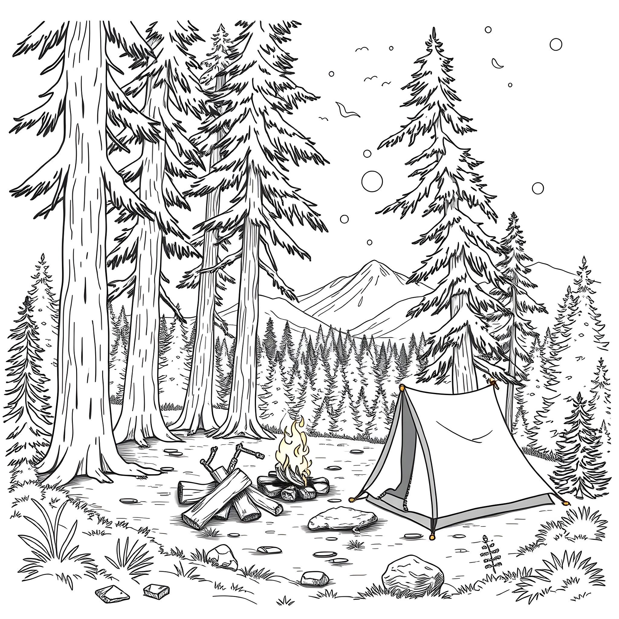 Camping in the serene forest with cozy tent Coloring Page (free black-and-white line drawing printable PDF for all, from beginners to advanced learners, including children, teens, adults, and seniors)