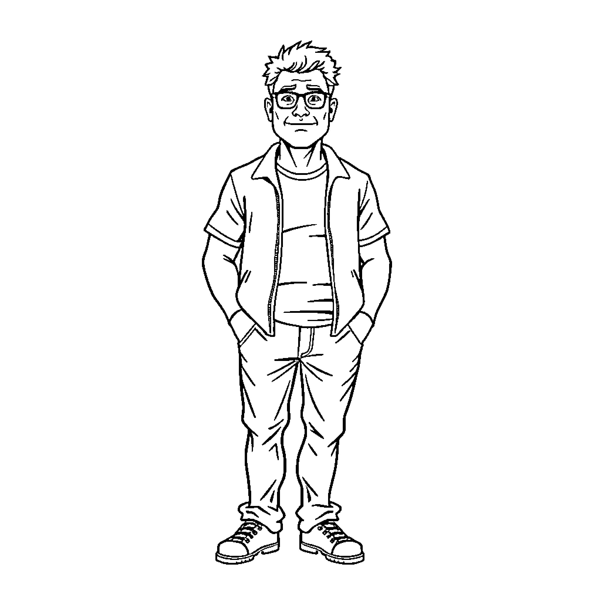 Adult man in casual outfit and glasses Coloring Page (free black-and-white line drawing printable PDF for all, from beginners to advanced learners, including children, teens, adults, and seniors)