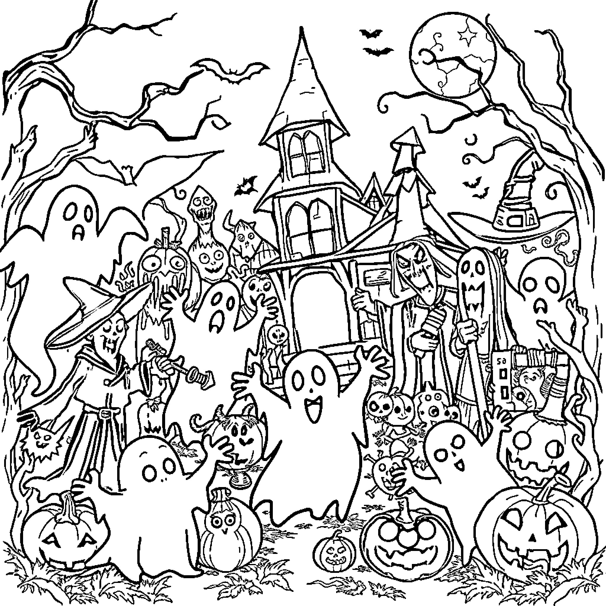 Halloween haunted house with ghosts and creatures Coloring Page (free black-and-white line drawing printable PDF for all, from beginners to advanced learners, including children, teens, adults, and seniors)