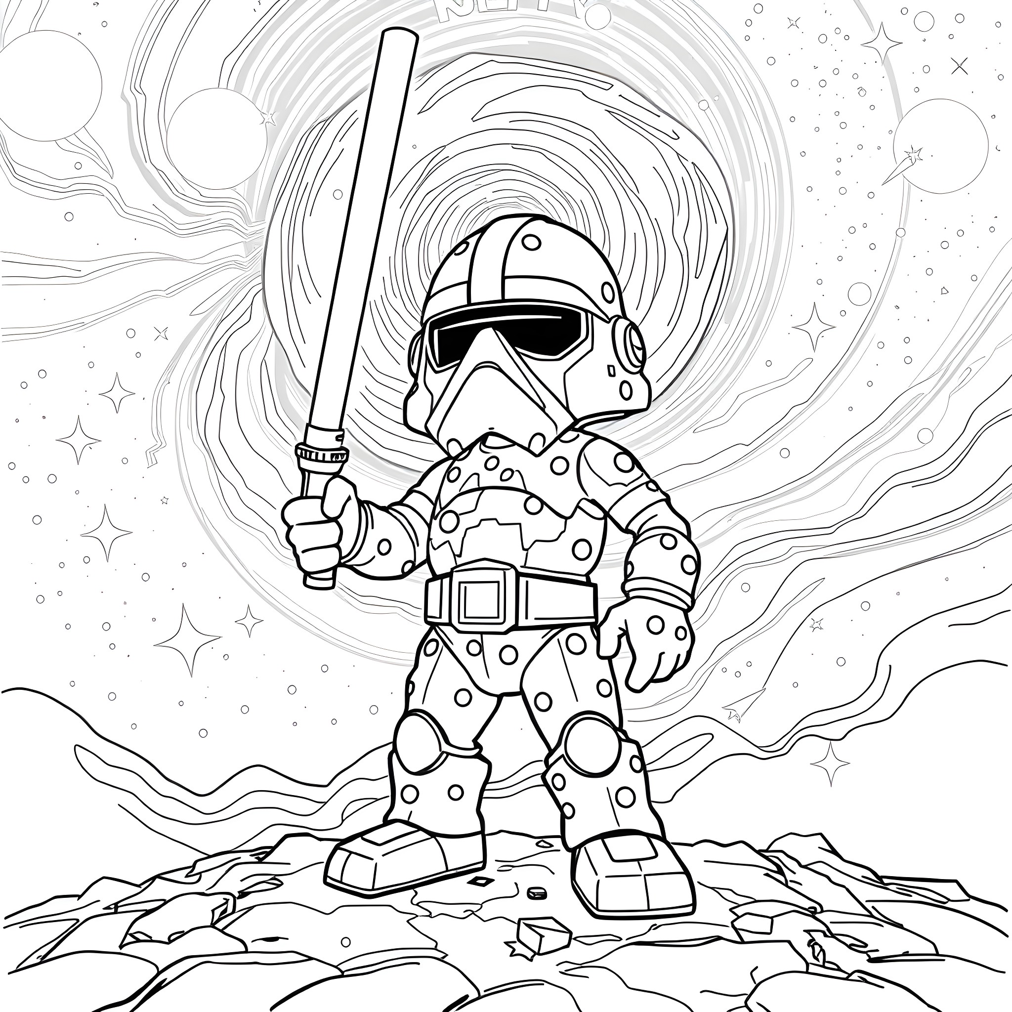 Rubble Warrior Stands Tall Against Cosmic Backdrop Coloring Page (free black-and-white line drawing printable PDF for all, from beginners to advanced learners, including children, teens, adults, and seniors)