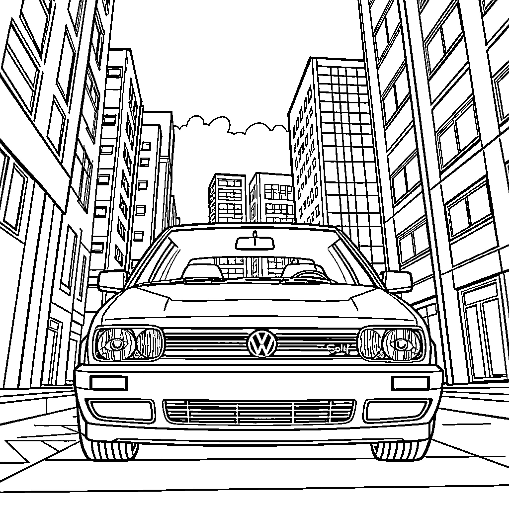 Volkswagen car in urban city environment Coloring Page (free black-and-white line drawing printable PDF for all, from beginners to advanced learners, including children, teens, adults, and seniors)