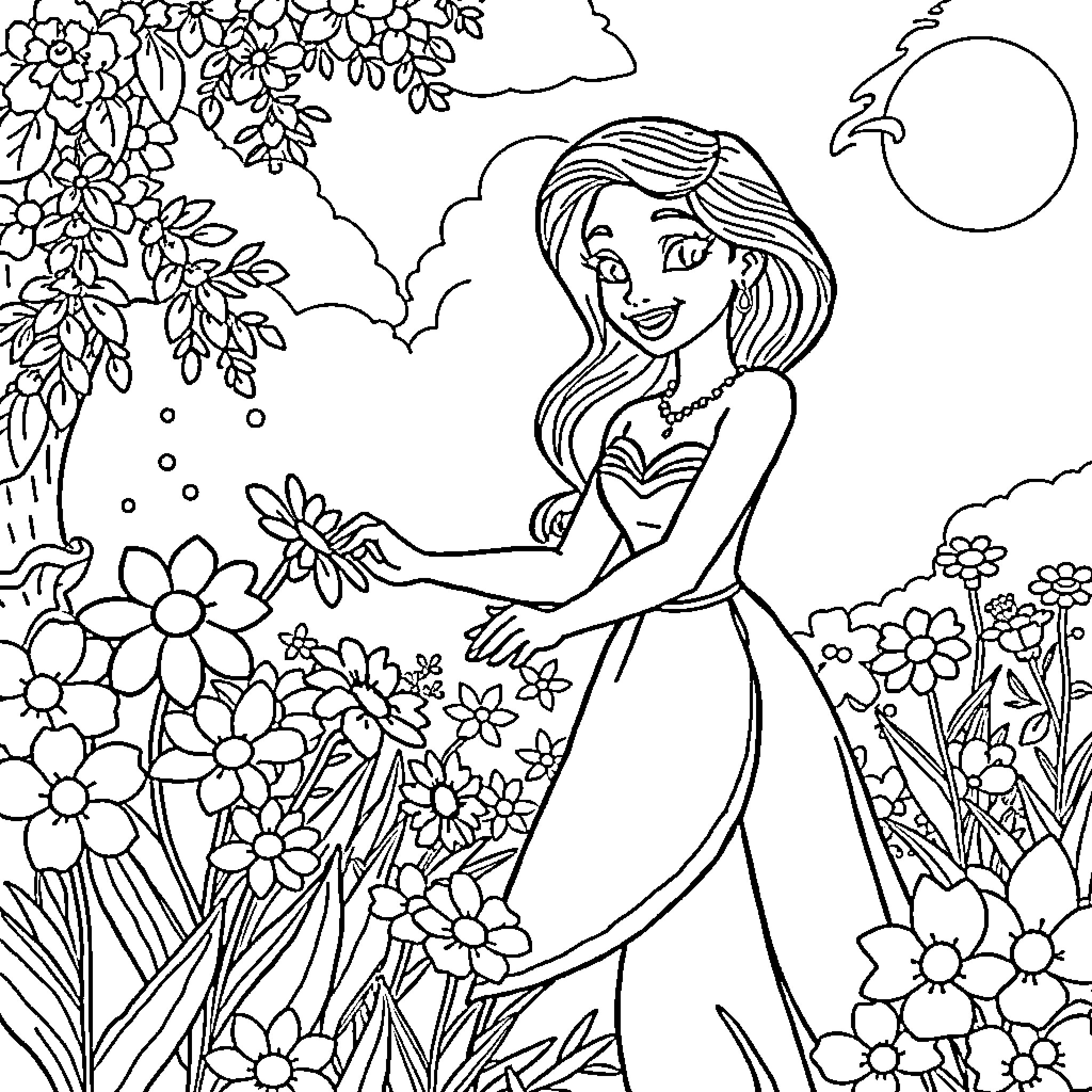 Tiana exploring the magical garden filled with flowers Coloring Page (free black-and-white line drawing printable PDF for all, from beginners to advanced learners, including children, teens, adults, and seniors)