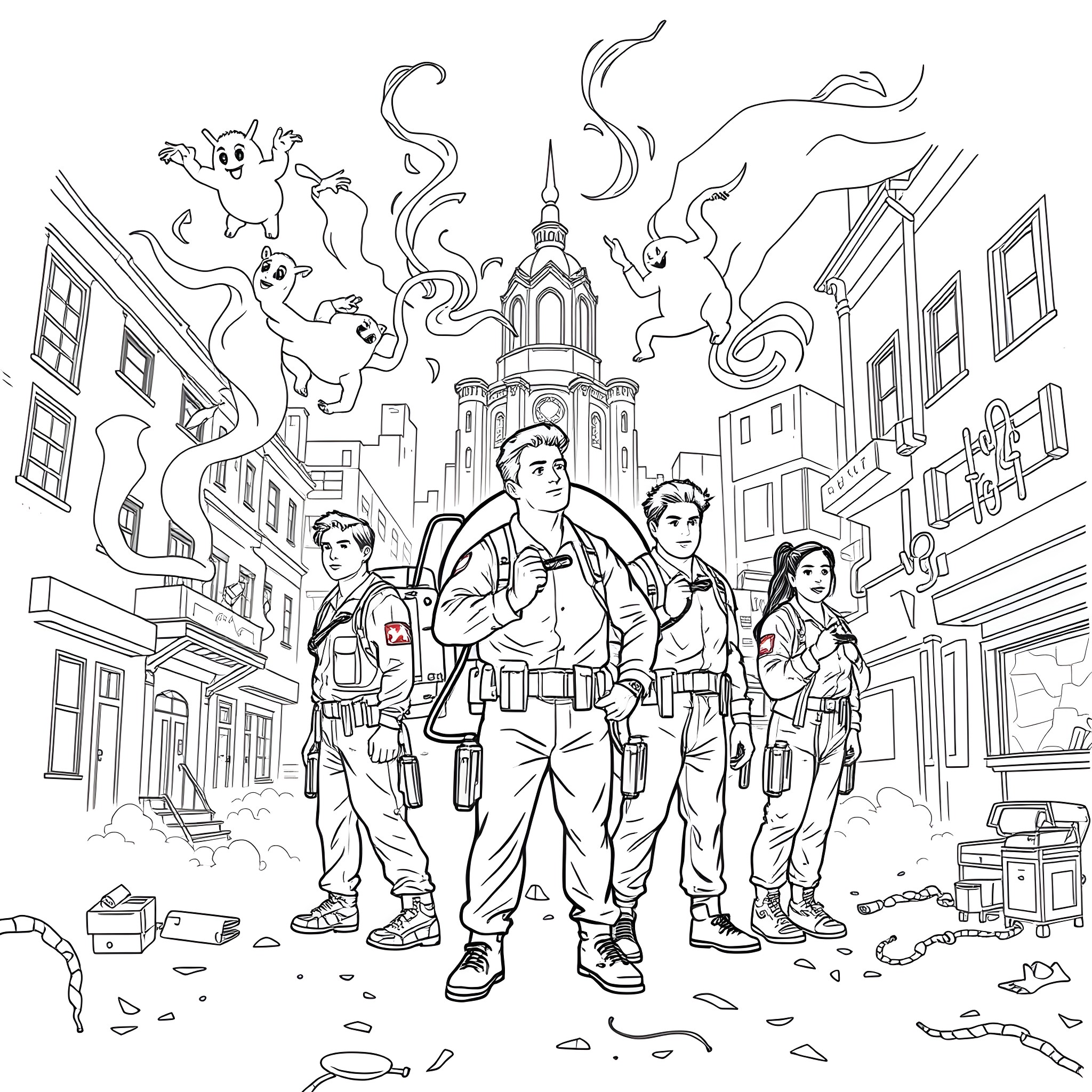 Ghostbusters fighting supernatural forces in the city Coloring Page (free black-and-white line drawing printable PDF for all, from beginners to advanced learners, including children, teens, adults, and seniors)