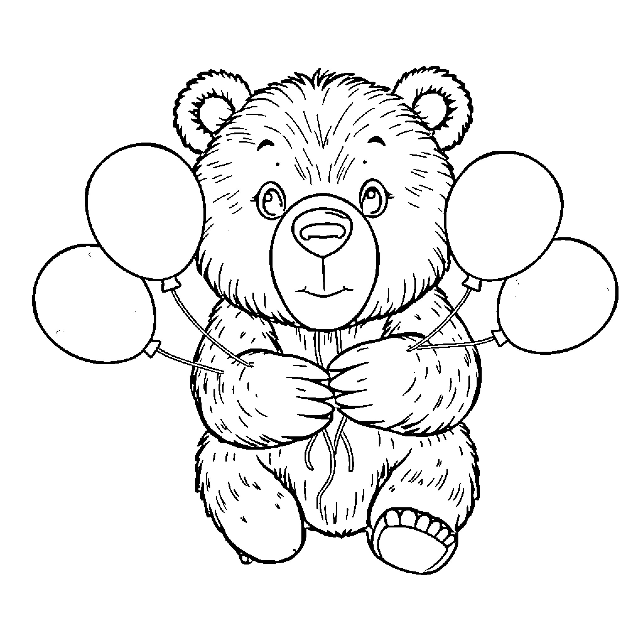 Grizzly Bear Holding Balloons Happily Coloring Page (free black-and-white line drawing printable PDF for all, from beginners to advanced learners, including children, teens, adults, and seniors)