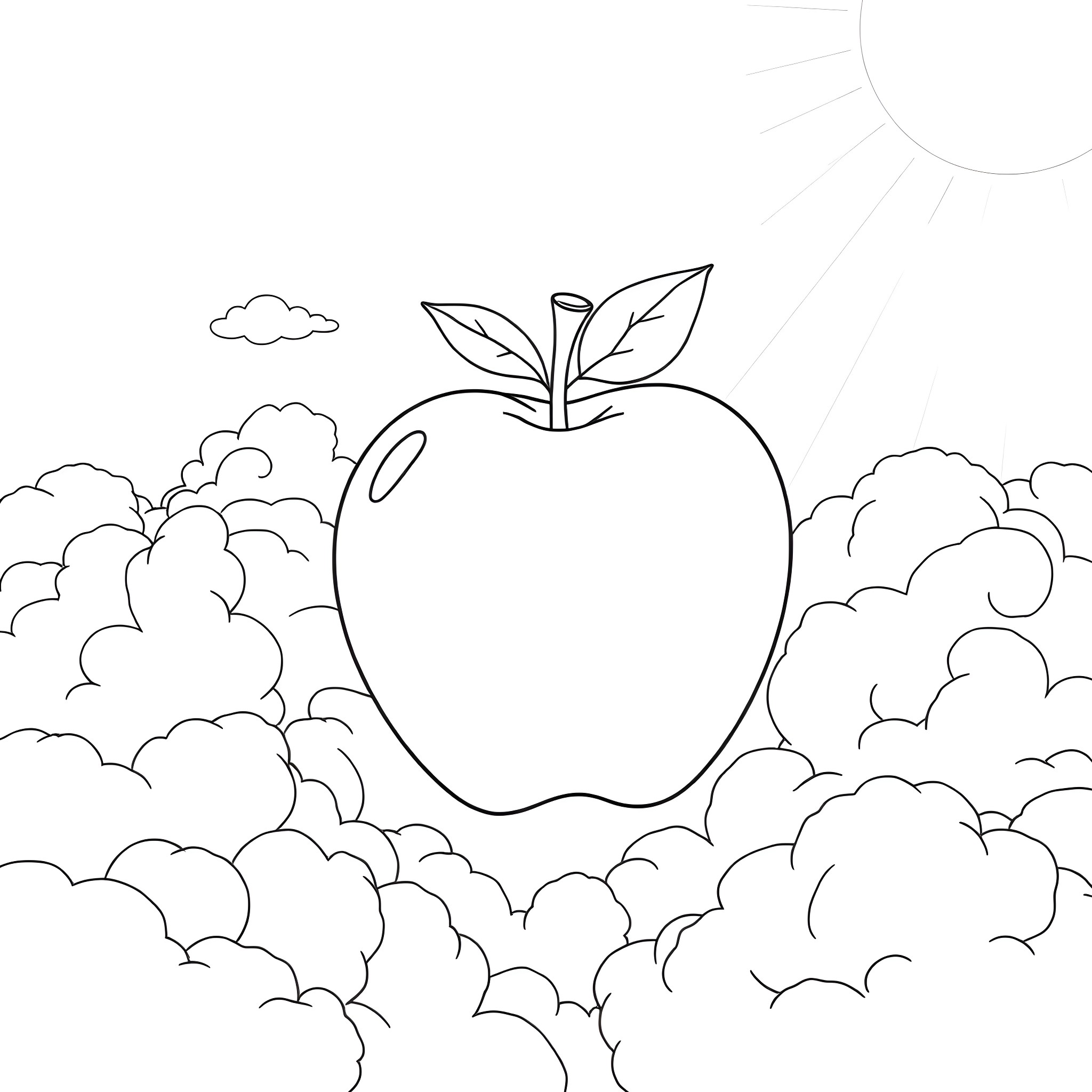 Apple floating above clouds in the sky Coloring Page (free black-and-white line drawing printable PDF for all, from beginners to advanced learners, including children, teens, adults, and seniors)