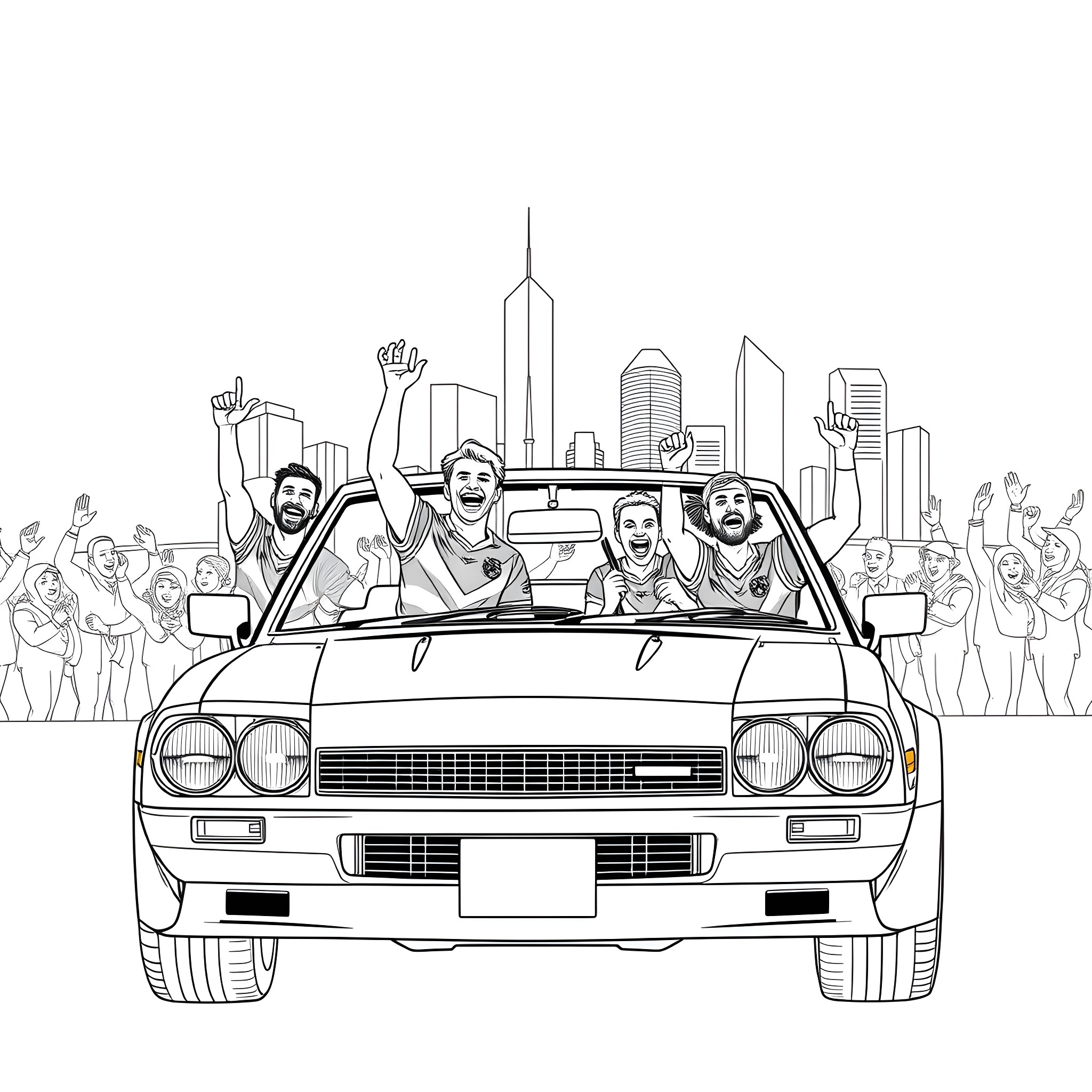 Bronco friends celebrating in car on city street Coloring Page (free black-and-white line drawing printable PDF for all, from beginners to advanced learners, including children, teens, adults, and seniors)