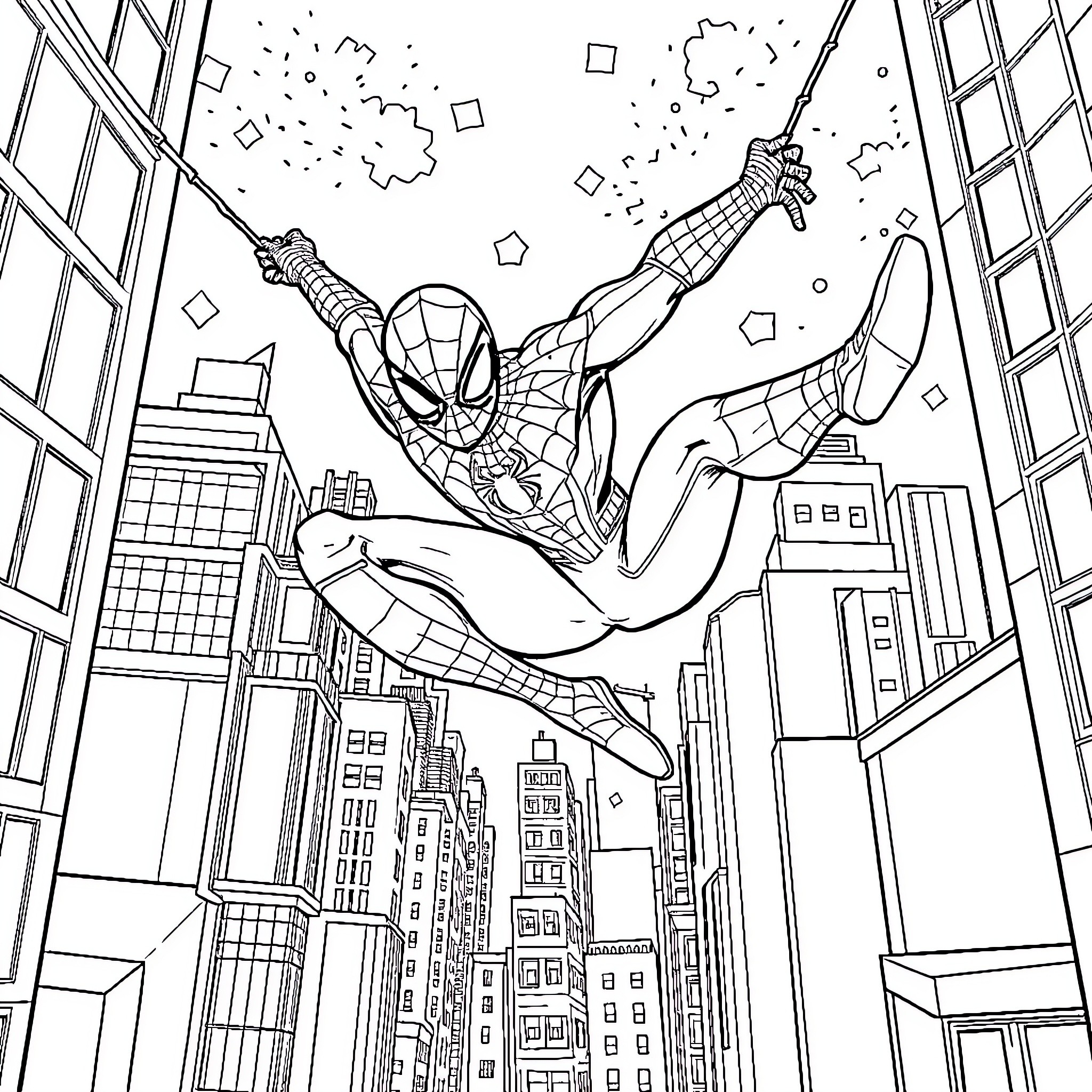 Spiderman swinging through the city skyline Coloring Page (free black-and-white line drawing printable PDF for all, from beginners to advanced learners, including children, teens, adults, and seniors)