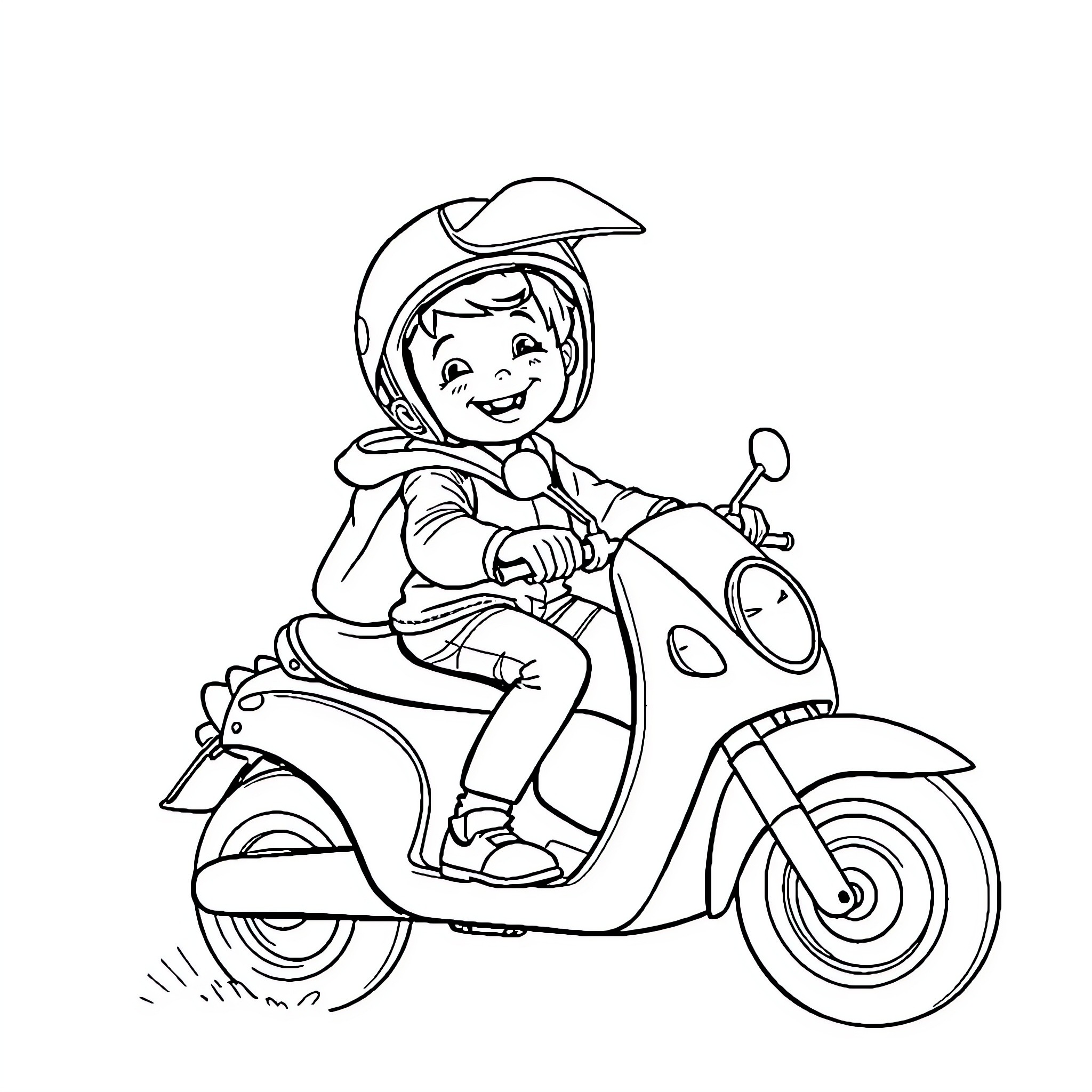 Child riding a scooter happily Coloring Page (free black-and-white line drawing printable PDF for all, from beginners to advanced learners, including children, teens, adults, and seniors)
