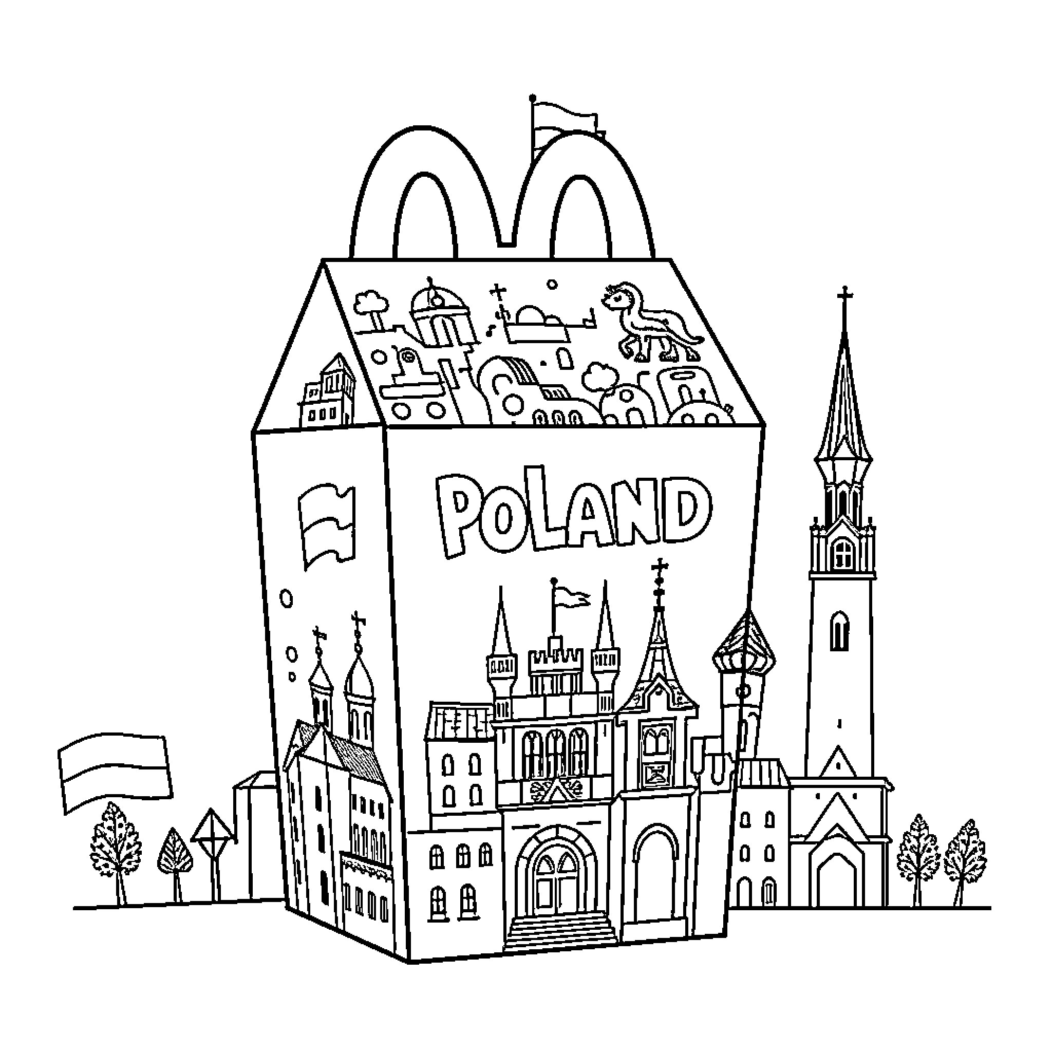 Happy Meal with Landmarks and Symbols of Poland Coloring Page (free black-and-white line drawing printable PDF for all, from beginners to advanced learners, including children, teens, adults, and seniors)