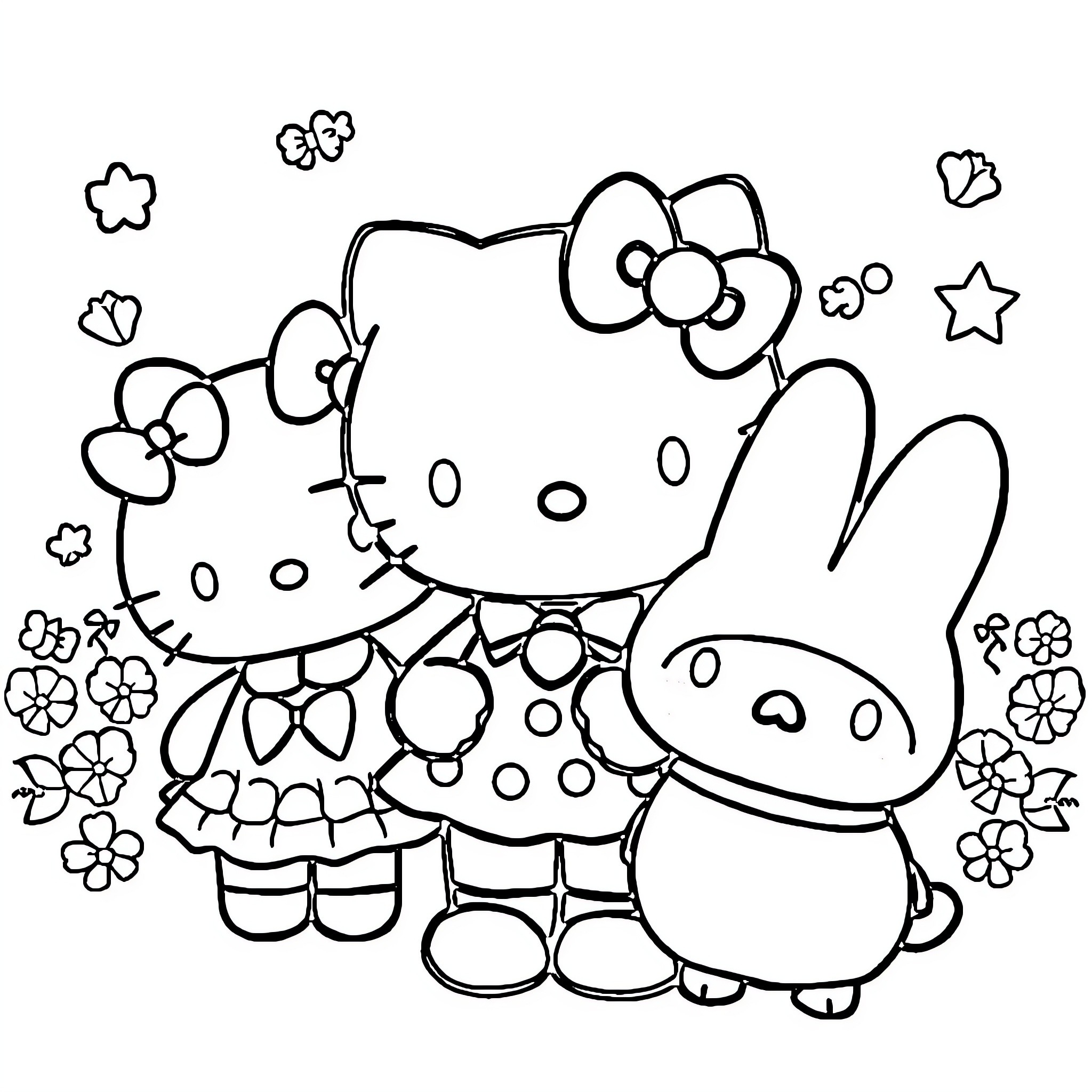 Sanrio Characters Enjoying Floral Surroundings Coloring Page (free black-and-white line drawing printable PDF for all, from beginners to advanced learners, including children, teens, adults, and seniors)