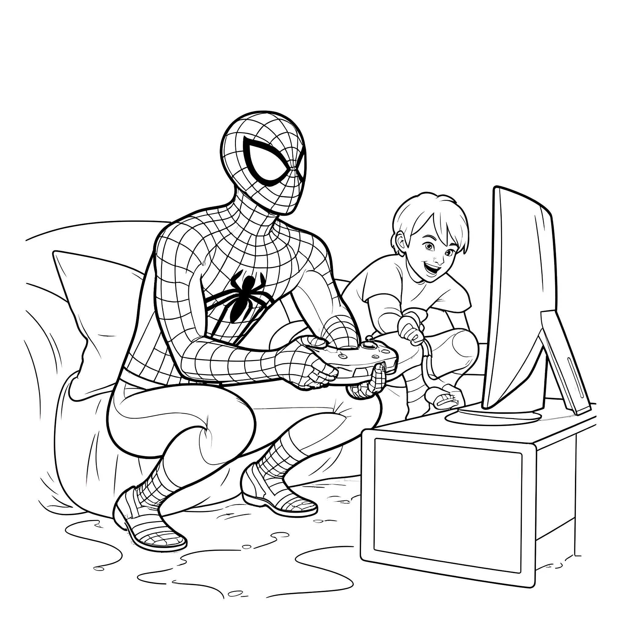 Spiderman and boy playing video games together Coloring Page (free black-and-white line drawing printable PDF for all, from beginners to advanced learners, including children, teens, adults, and seniors)