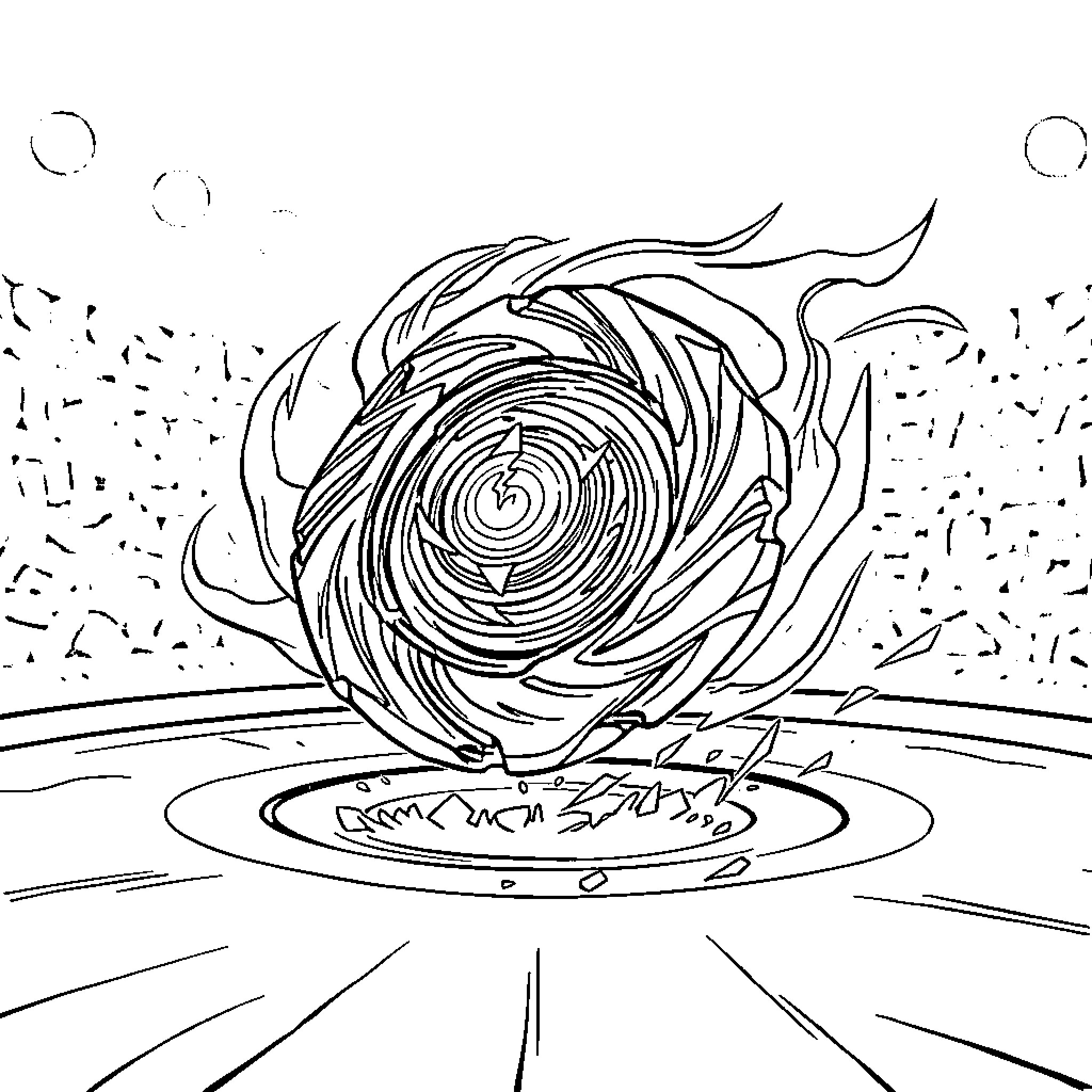 Beyblade spinning fiercely in epic battle Coloring Page (free black-and-white line drawing printable PDF for all, from beginners to advanced learners, including children, teens, adults, and seniors)