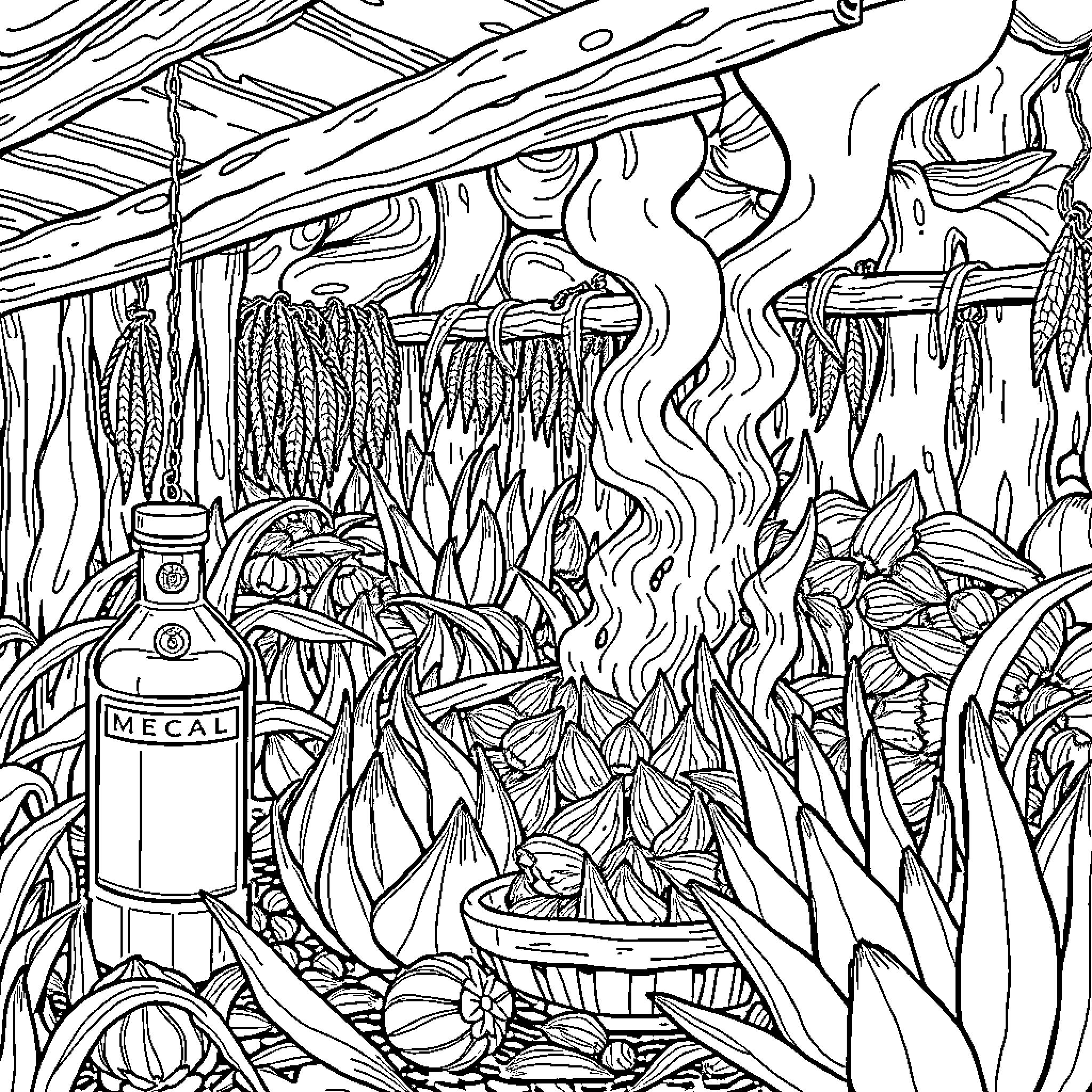 Mezcal Distillation Process in Tropical Forest Coloring Page (free black-and-white line drawing printable PDF for all, from beginners to advanced learners, including children, teens, adults, and seniors)