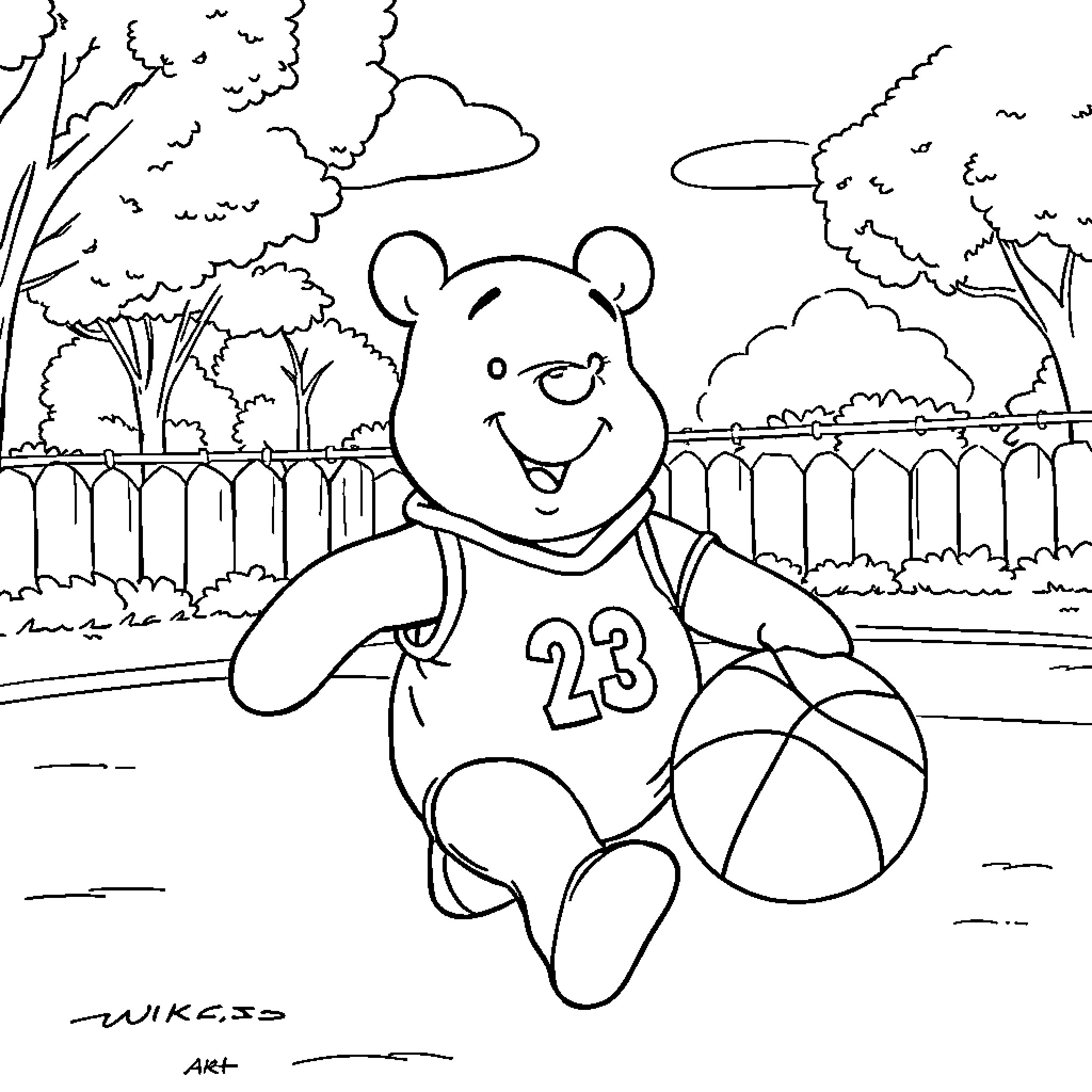 Winnie The Pooh Playing with Basketball in the Park Coloring Page (free black-and-white line drawing printable PDF for all, from beginners to advanced learners, including children, teens, adults, and seniors)
