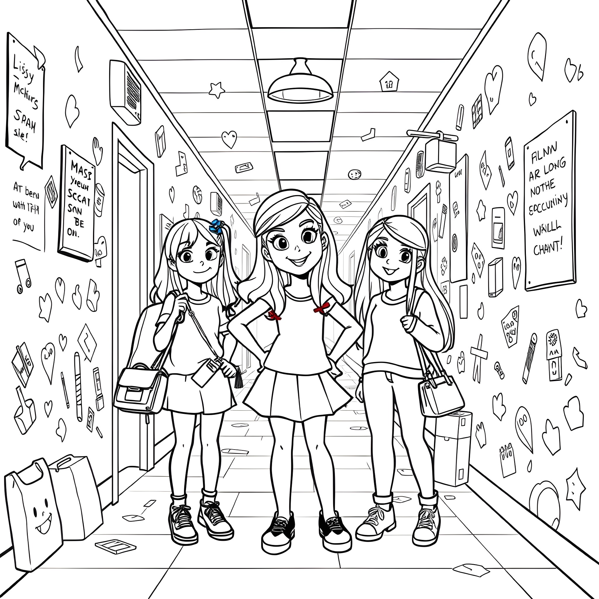 Lizzie Maguire and friends explore a school hallway Coloring Page (free black-and-white line drawing printable PDF for all, from beginners to advanced learners, including children, teens, adults, and seniors)