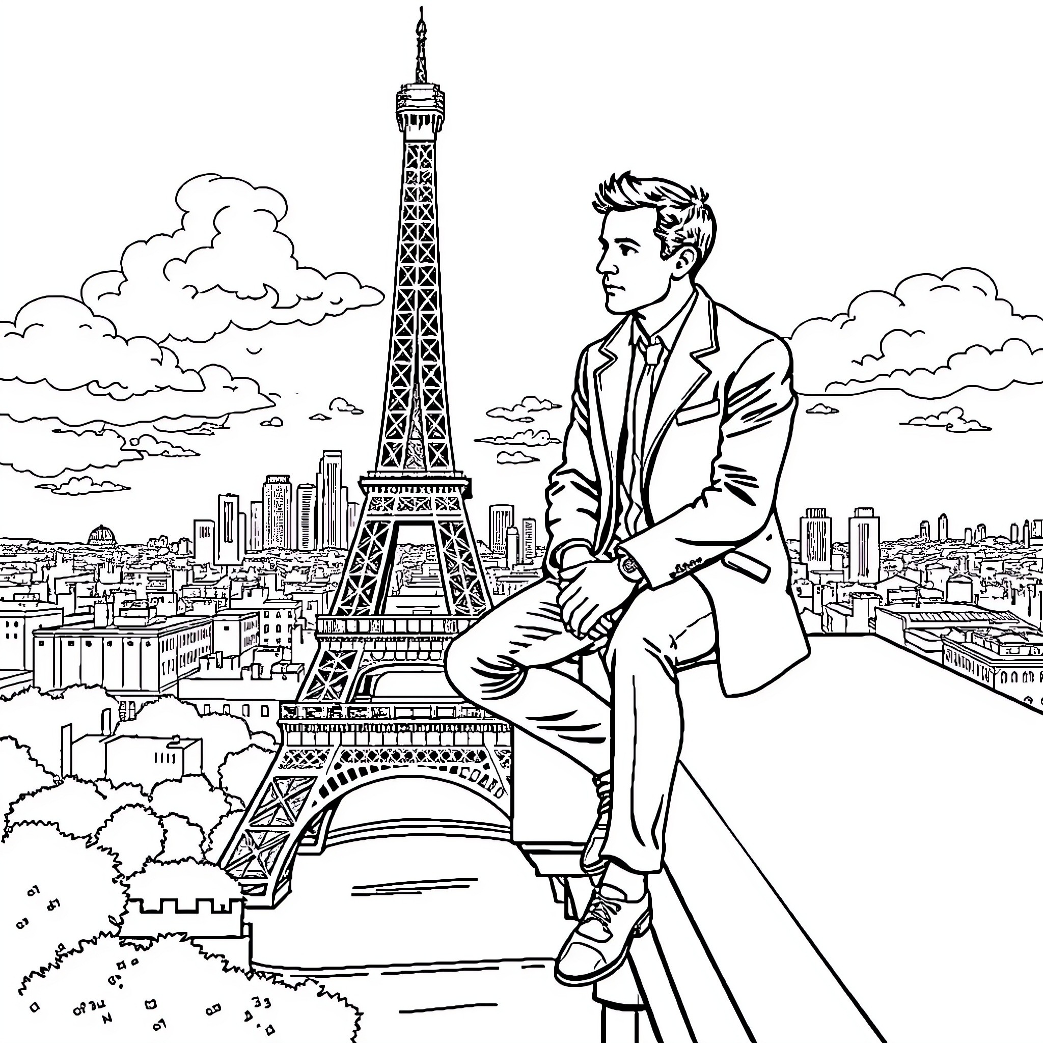 Macron overlooking the cityscape of Paris Coloring Page (free black-and-white line drawing printable PDF for all, from beginners to advanced learners, including children, teens, adults, and seniors)