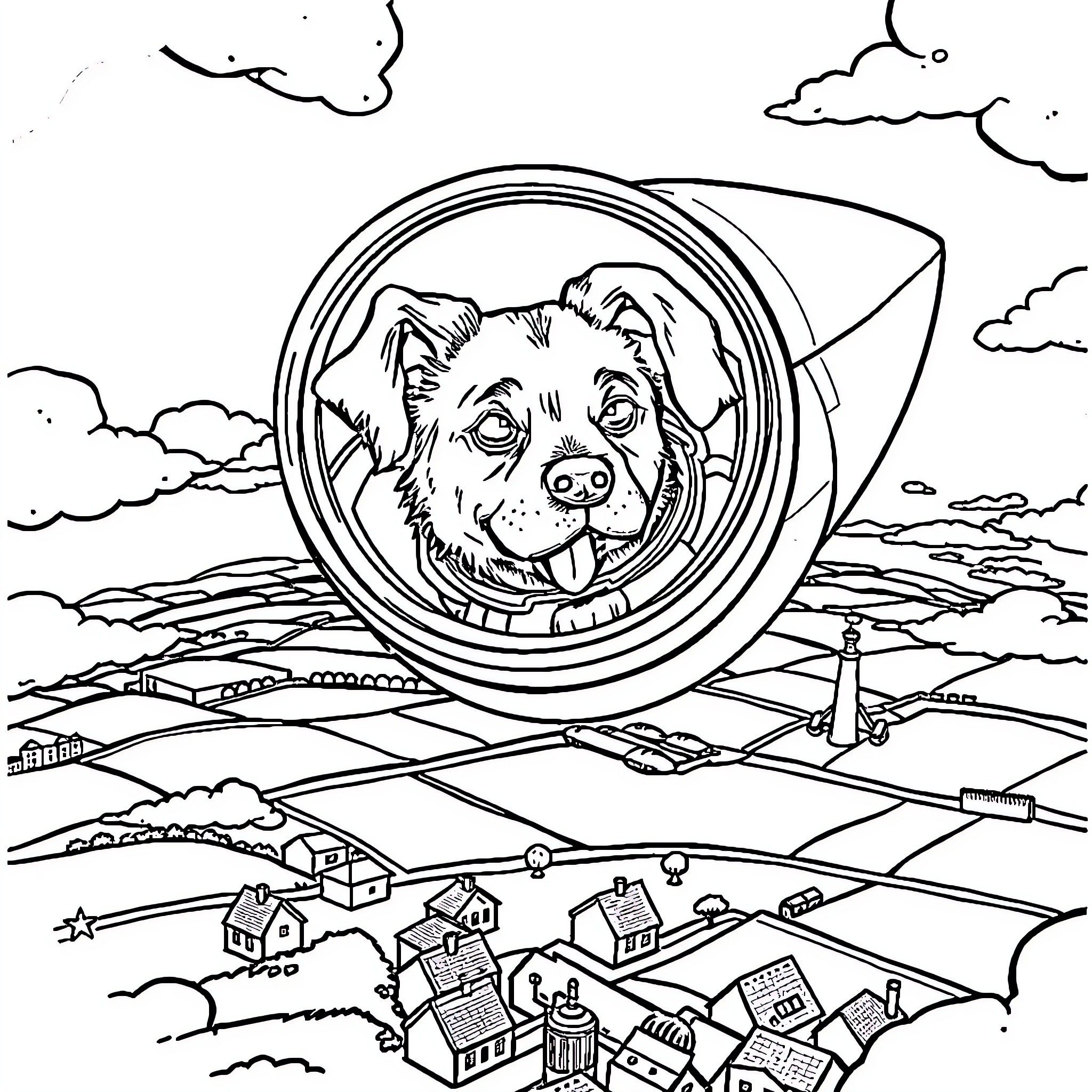 Dog peering through a telescope at a town below Coloring Page (free black-and-white line drawing printable PDF for all, from beginners to advanced learners, including children, teens, adults, and seniors)