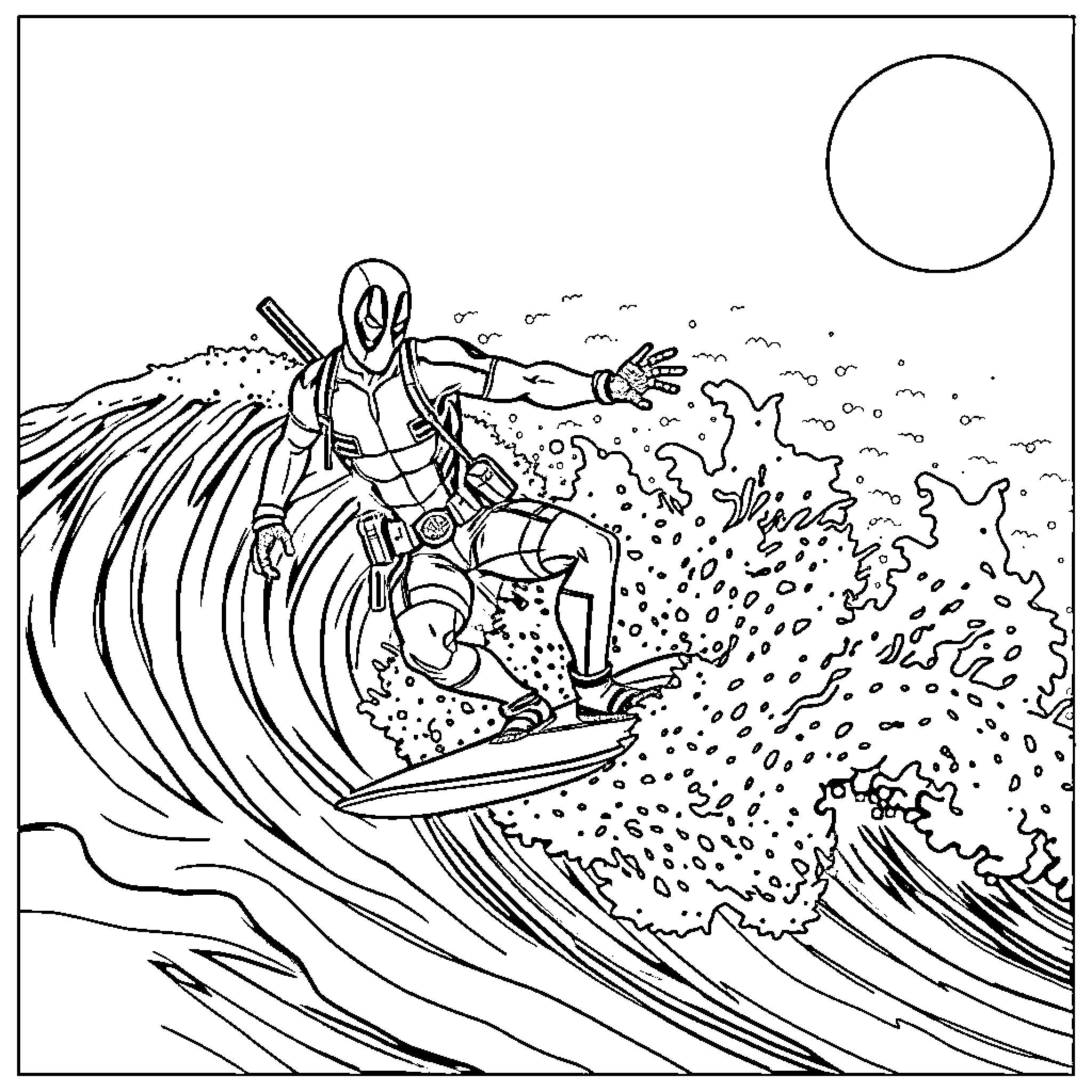 Deadpool surfing heroically through turbulent waves Coloring Page (free black-and-white line drawing printable PDF for all, from beginners to advanced learners, including children, teens, adults, and seniors)
